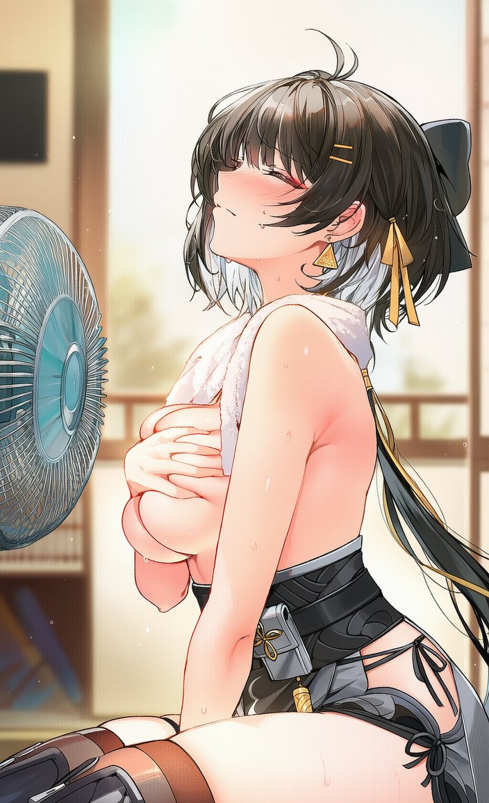 1girls, ai generated, bare shoulders, big breasts, black bow, black hair, black ribbon, black thighhighs, blush, breasts, cleavage, closed eyes, closed mouth, cooling off, covered nipples, covering, covering breasts, curvy, earrings, fan, female, female only, female rover (wuthering waves), grabbing, grabbing own breast, hairpin, half dressed, half naked, half nude, half-dressed, heat, jewelry, large breasts, large tits, light skin, light-skinned female, pressing breasts, ribbon, rover (wuthering waves), sideboob, sweat, sweatdrop, sweating, thick thighs, thigh strap, thighhighs, thighs, timmytommy, topless, topless female, two-tone hair, white hair, wuthering waves