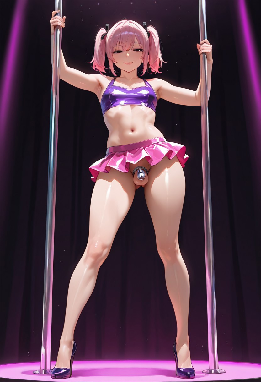 ai generated, bare legs, chastity, chastity cage, chastity device, crossdressing, femboy, feminine male, high heels, humiliation, legs, male, midriff, midriff baring shirt, miniskirt, pink hair, posing, sissy, sissyfication, stripper pole, tank top, twintails