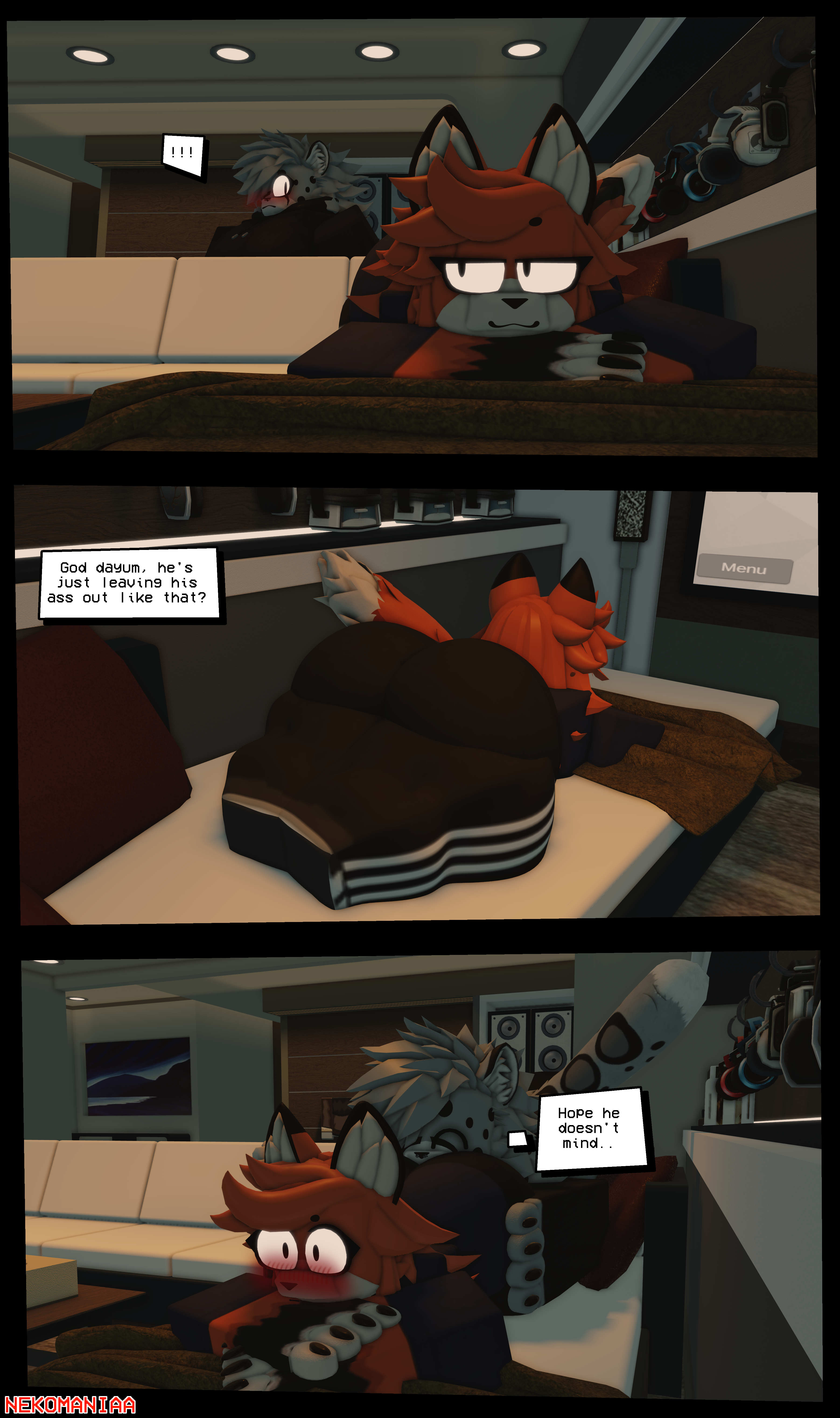 3d, ass, ass focus, canine, clothed, eating ass, english text, feline, female, femboy, fox, furry, furry only, laying on stomach, male, male/female, nekomaniaa, roblox, roblox avatar, robloxian, self upload, snow leopard, tagme