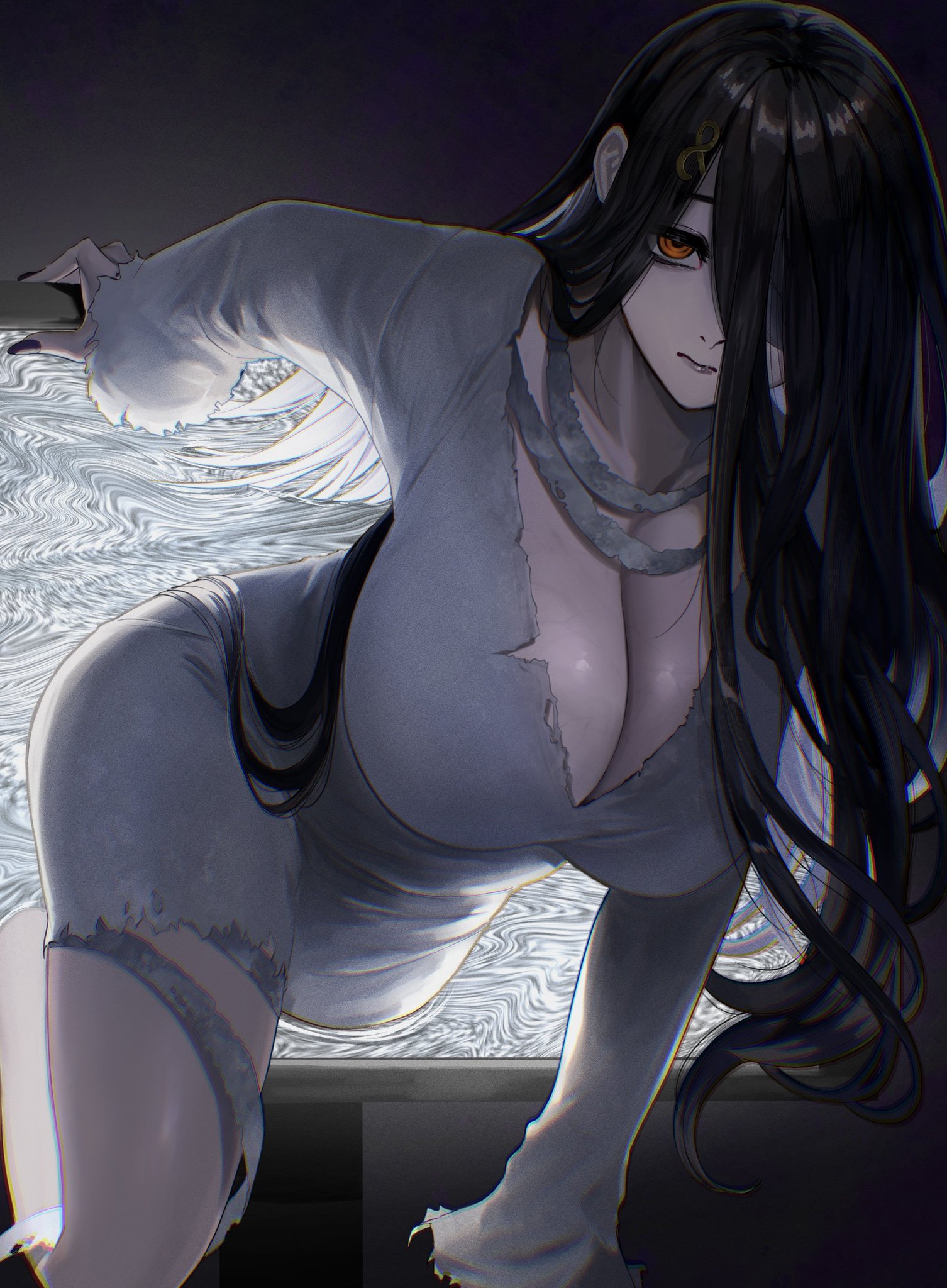absurdres, bandages, black background, black hair, black nails, breasts, cleavage, closed mouth, commentary request, cosplay, crawling, dress, female, ghost girl, hair over face, hair over one eye, highres, large breasts, leaning forward, long hair, long sleeves, looking at viewer, nekotokage, nijisanji, one eye covered, orange eyes, pale skin, screen light, shirayuki tomoe, short dress, solo, static, straight hair, television, through medium, through screen, v-neck, very long hair, virtual youtuber, white dress, yamamura sadako, yamamura sadako (cosplay)