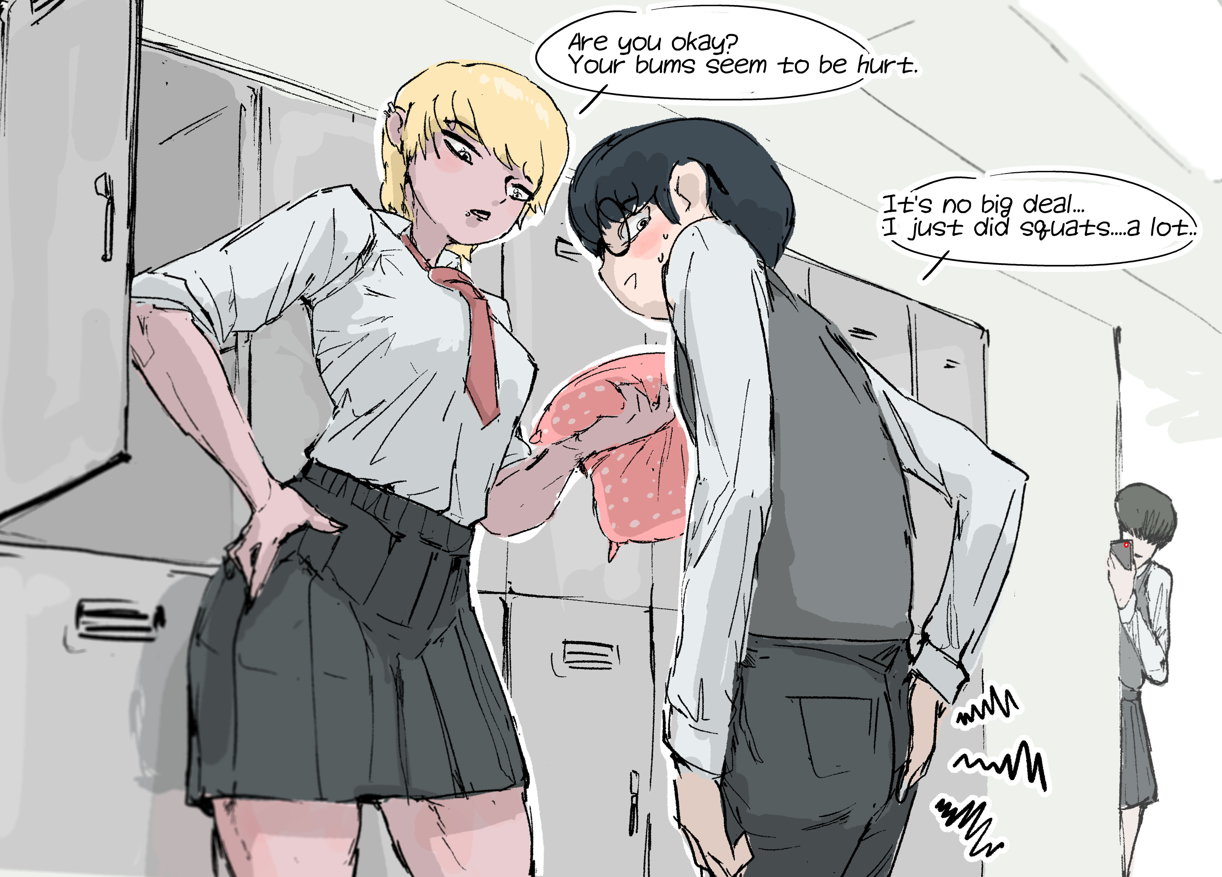1boy, 1girls, after anal, clothed, clothed female, clothed male, english text, female, glasses, hi res, hogu (pizzlet), image set, light skin, light-skinned female, light-skinned male, male, masturbation, original, original character, phone, pizzlet, shirt, short hair, speech bubble, text