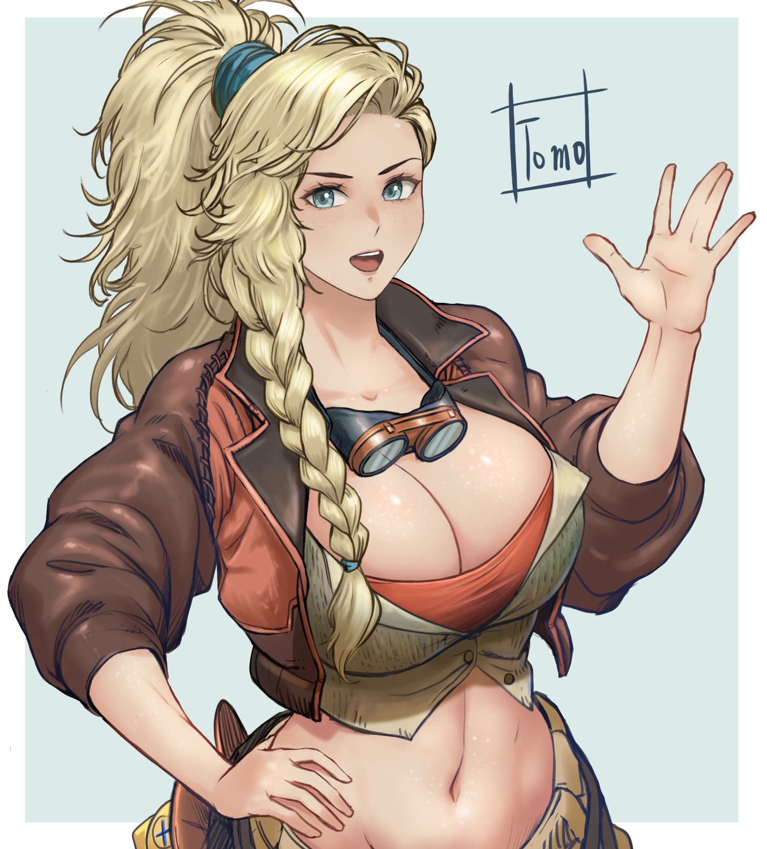 asymmetrical hair, blonde hair, blue eyes, braid, breasts, cleavage, cropped jacket, female, gemma (monster hunter wilds), goggles, goggles around neck, hand on own hip, highres, jacket, large breasts, leather, leather jacket, long hair, midriff, monster hunter (series), monster hunter wilds, navel, open clothes, open jacket, ponytail, side braid, solo, tomo eokaiteru