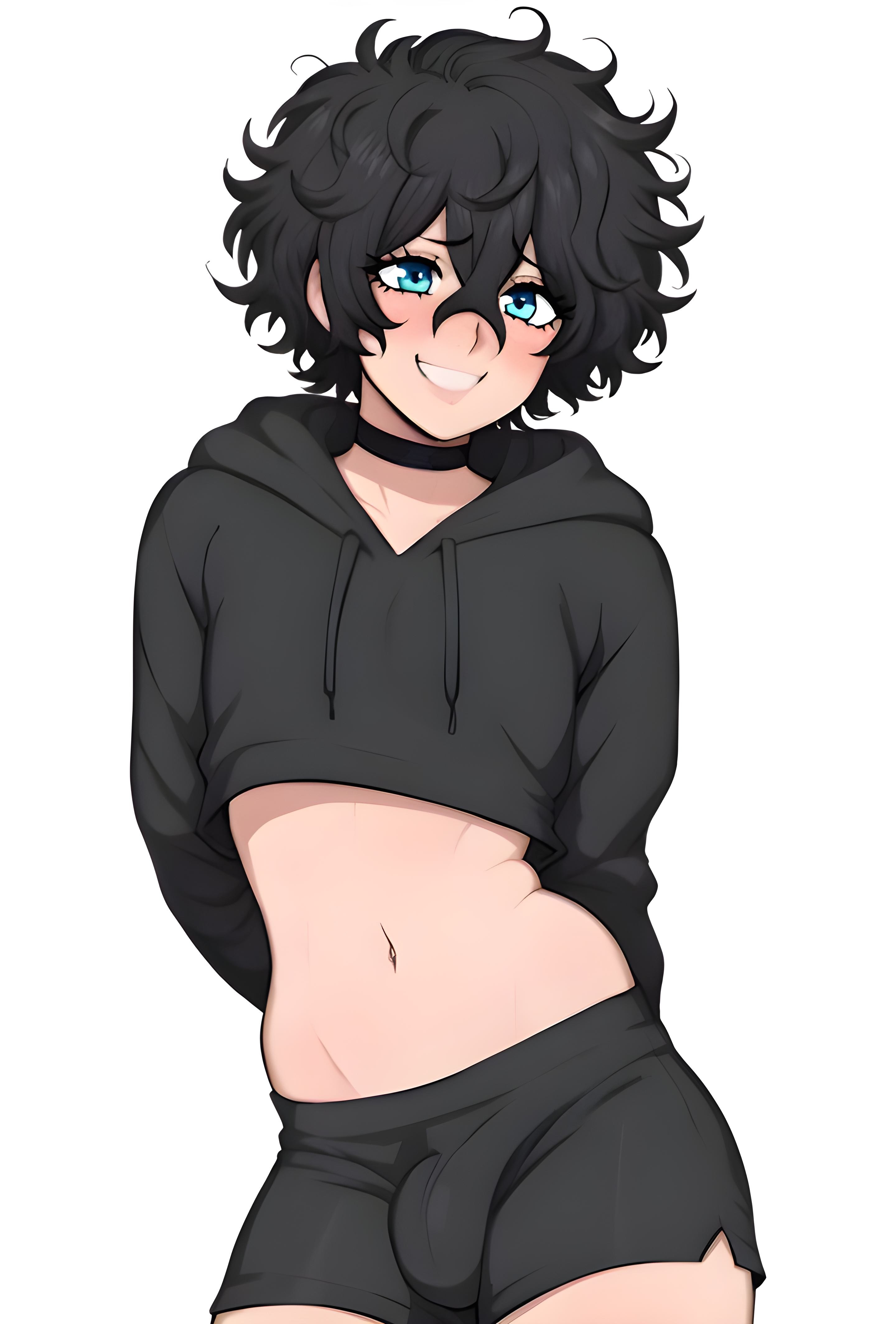 abdomen, ai generated, belly button, black hair, blue eyes, blush, bulk, femboy, hoodie, male, my femboy roommate, necklace, nuteku, robin (my femboy roommate), short clothes, shorts, smile, tagme
