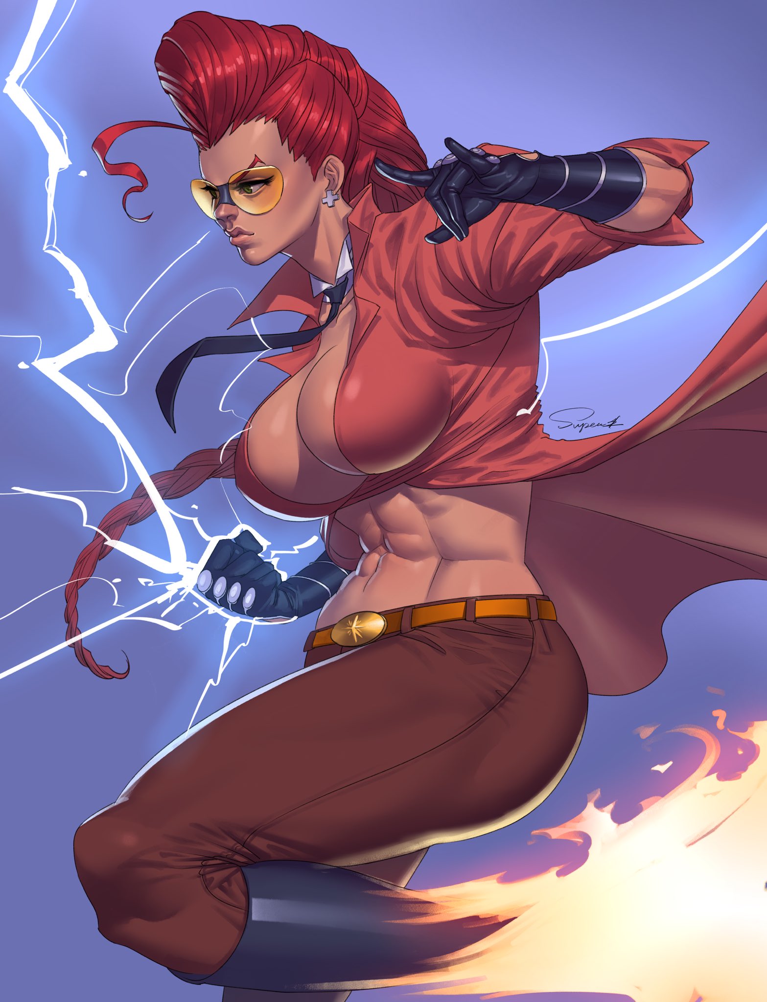 1girls, abs, ahoge, alternate costume, big breasts, black gloves, boots, breasts, brown pants, capcom, cleavage, clothed, crimson viper, cropped jacket, cross earrings, dark skin, dark-skinned female, detached collar, earrings, electricity, female, fire, gloves, green eyes, huge ahoge, impossible clothes, kicking, knee boots, large breasts, long coat, long hair, mature female, midriff, milf, muscular, muscular female, necktie, no bra, orange-tinted eyewear, pants, pink lips, pompadour, red hair, single braid, solo, street fighter, street fighter iv, sunglasses, superbull, thick thighs, tinted eyewear
