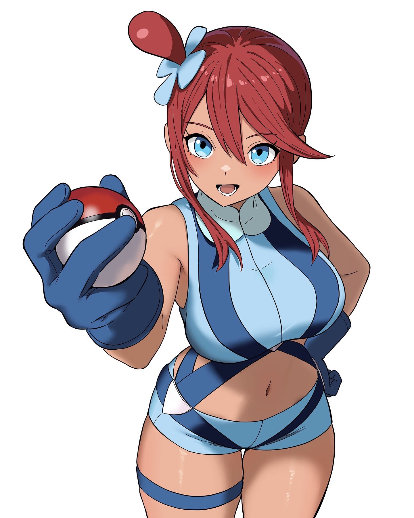 1girls, alternate costume, armpits, belt, blue belt, blue eyes, blue gloves, blue jacket, blue shorts, blush, breasts, crop top, cropped jacket, dark skin, dark-skinned female, elbow gloves, eyelashes, female, female only, gloves, gym leader, hair between eyes, hair ornament, hand on own hip, high collar, highres, holding, holster, ishinabe art, jacket, large breasts, long hair, looking at viewer, looking up, lower teeth only, midriff, navel, nintendo, one side up, open mouth, pokemon, pokemon bw, pouch, red hair, short hair with long locks, short shorts, shorts, sidelocks, simple background, skindentation, skyla (pokemon), sleeveless, sleeveless crop top, smile, solo, standing, teeth, thigh holster, thigh pouch, thigh strap, white background