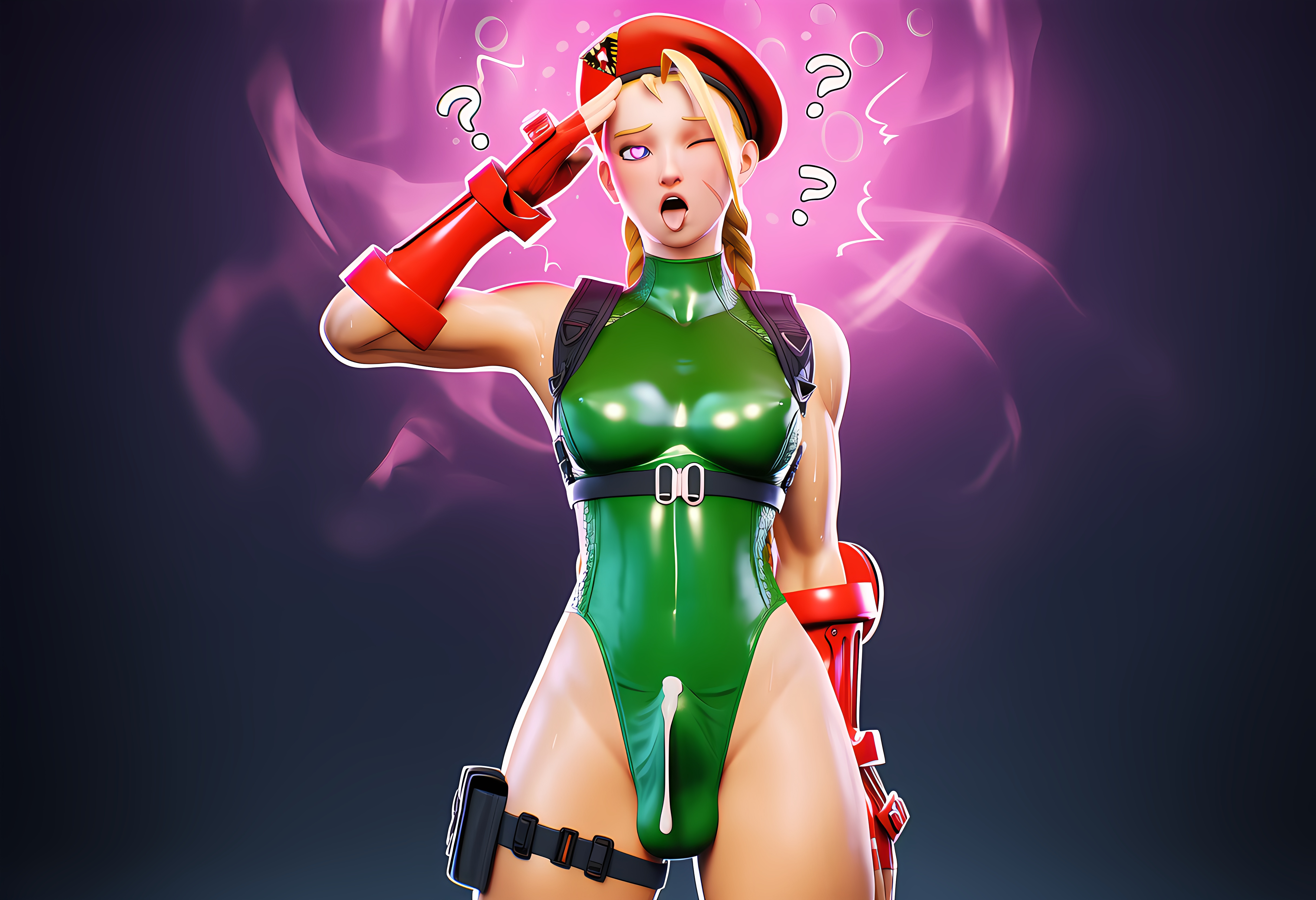 3d, ahegao, ai generated, cammy white, cum through clothes, cum under clothes, futaais23, futanari, heart-shaped pupils, hypnosis, intersex, leotard, mind break, mind control, panic, penis, penis under clothes, pink eyes, salute, standing, street fighter, surprised, tongue out