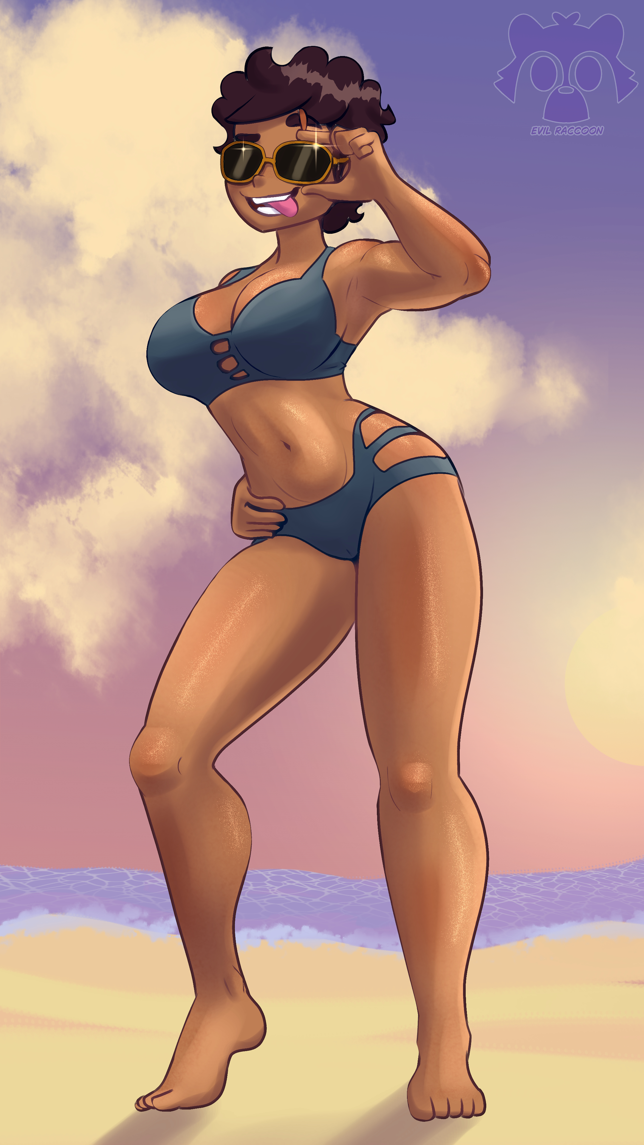 armpits, barefoot, beach, big breasts, bikini, breasts, dark skin, dark-skinned female, evil raccoon, feet, female, latina, luz noceda, massive breasts, short hair, sunglasses, swimsuit, tan body, tan skin, the owl house, the owl house (finale)