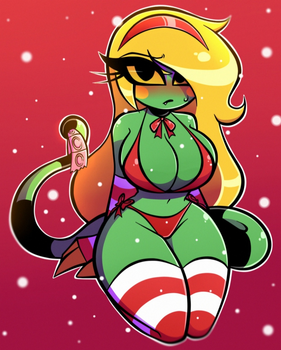 bikini, blonde hair, breasts, candy cane, christmas, cleavage, colored skin, eliza (nelljoestar), female, gradient, green skin, huge breasts, long hair, navel, nelljoestar, panties, red bikini, skirt, snow, snowing, solo, space, star (sky), striped, striped legwear, swimsuit, tail, thick thighs, thighhighs, underwear, wide hips