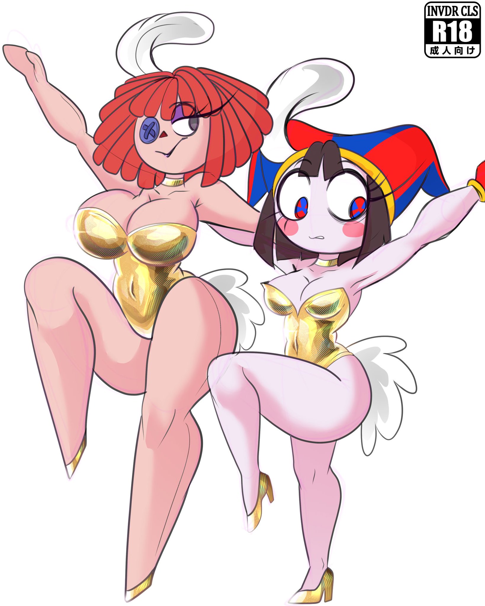 2girls, big breasts, brown hair, button eye, choker, color, eyelashes, female, female focus, female only, gloves, grey eyes, hat, heels, hjsakldfhl (tadc), invdrcls, jester, jester hat, light skin, one leg up, pomni (dancer outfit), pomni (the amazing digital circus), ragatha (dancer outfit), ragatha (the amazing digital circus), sexy, smile, source request, tagme, the amazing digital circus, thick thighs, white background