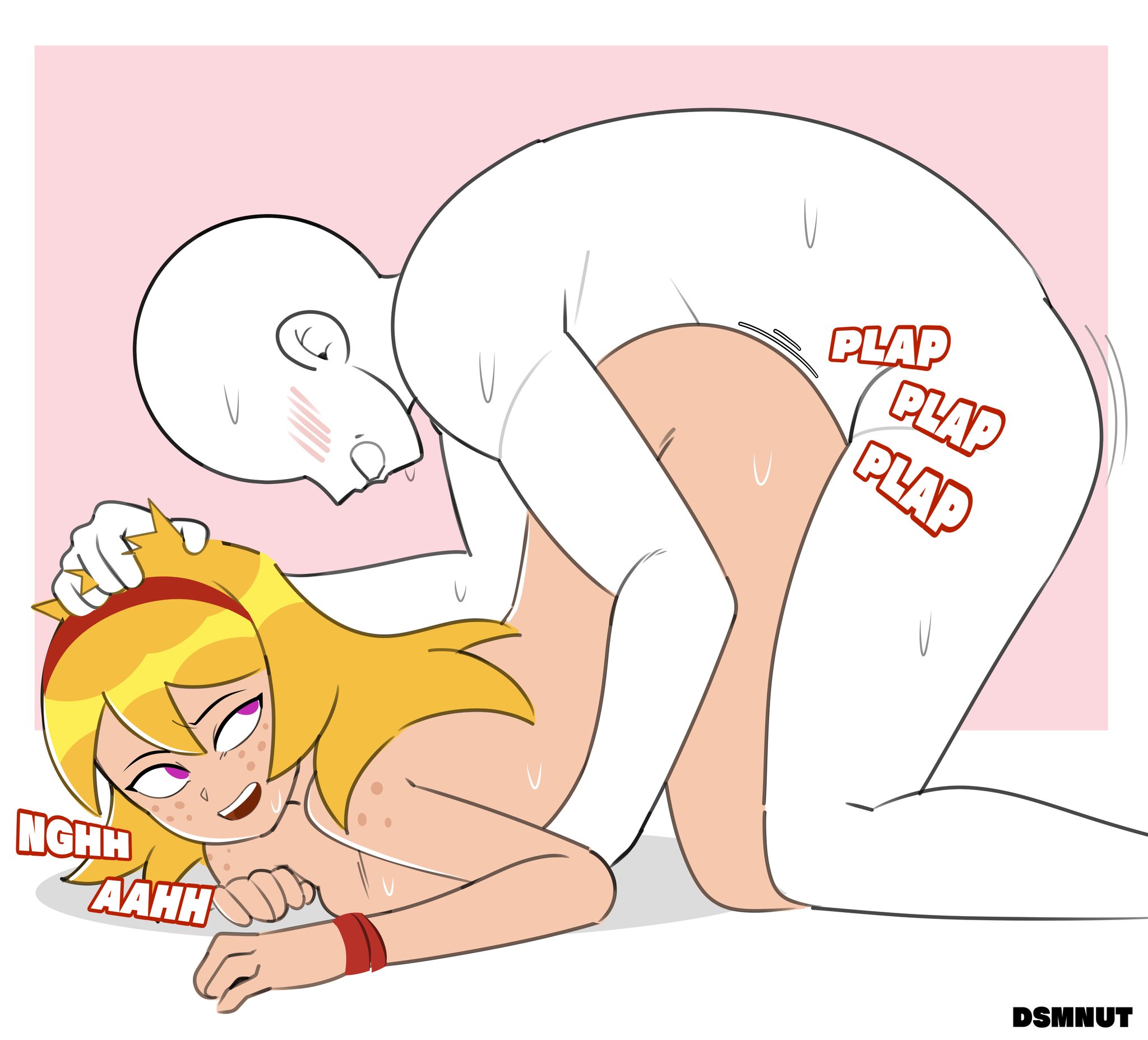 1boy, 1girls, ass up, ben 10, ben 10 omniverse, blonde hair, blush, doggy style, dsmnup, female, freckles, freckles on face, freckles on shoulders, hairband, head grab, looking back, lucy mann, male, nude, nude female, nude male, purple eyes, short hair, sweat, wristband