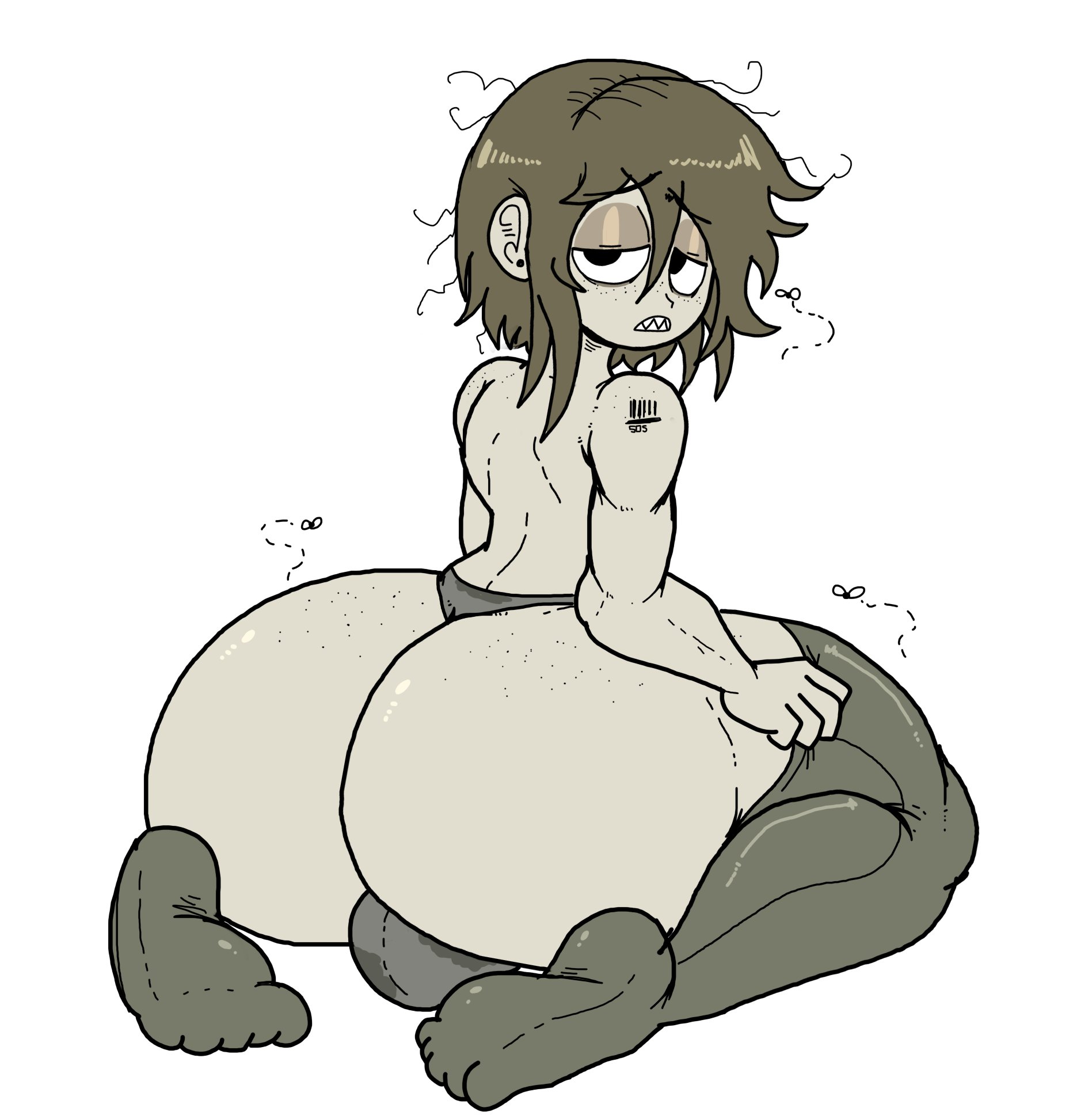 1boy, 2d, 2d (artwork), 2d artwork, backview, balls, barcode tattoo, bottom heavy, digital, digital art, digital drawing, digital drawing (artwork), digital media, digital media (artwork), drawing, drawn, feet, femboy, feminine male, flies for smell, freckles on ass, genderbend, genderswap, genderswap (ftm), grease (poopishness), green hair, green skin, grey thong, huge ass, long socks, male, male only, neet, original, original character, poopishness, rule 63, sharp teeth, slob, smelly, solo, sweat stain, sweaty, thong, trap, twink, white background, wide hips