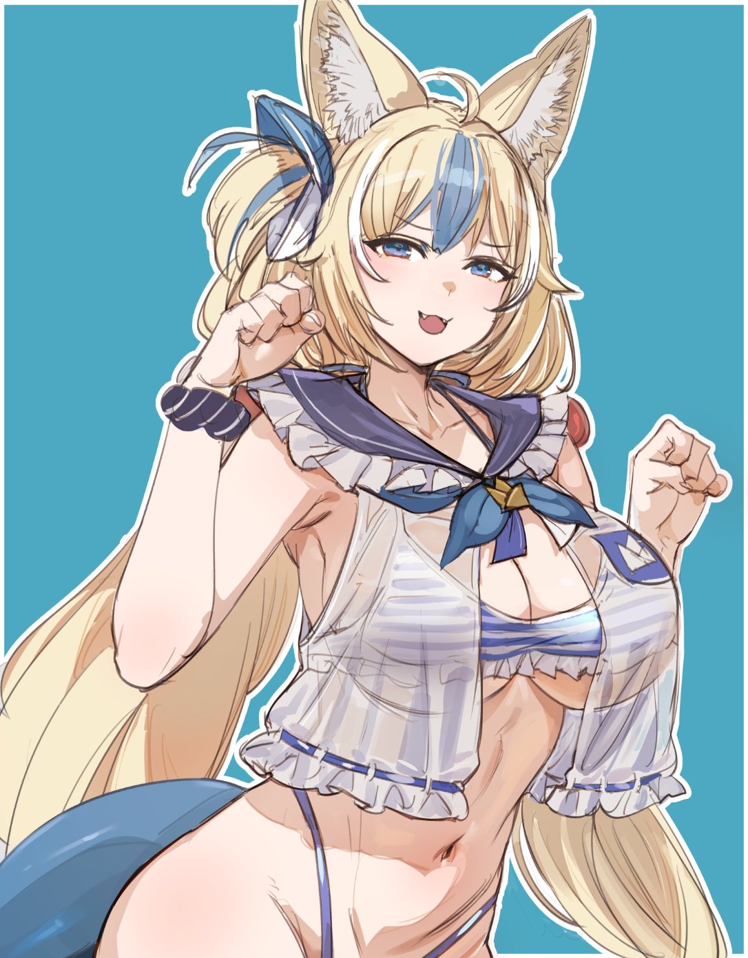 aged up, animal ears, big ass, big breasts, blonde hair, blue background, bow (bhp), breasts, cat girl, cat mouth, cat pose, female, huge breasts, kemonomimi, large breasts, sameko saba, shark girl, shark tail, very long hair, virtual youtuber, vtuber
