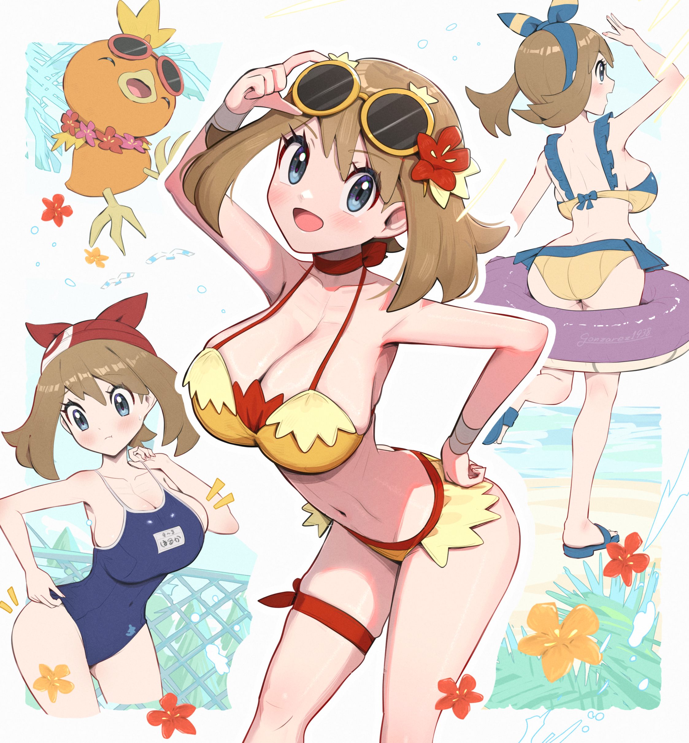 absurdres, alternate costume, big breasts, bikini, breasts, busty, busty female, female, gen 3 pokemon, gonzarez, highres, huge breasts, large breasts, massive breasts, may (pokemon), nintendo, one-piece swimsuit, overflowing breasts, pokemon, pokemon (creature), pokemon oras, pokemon rse, school swimsuit, swimsuit, thigh strap, torchic