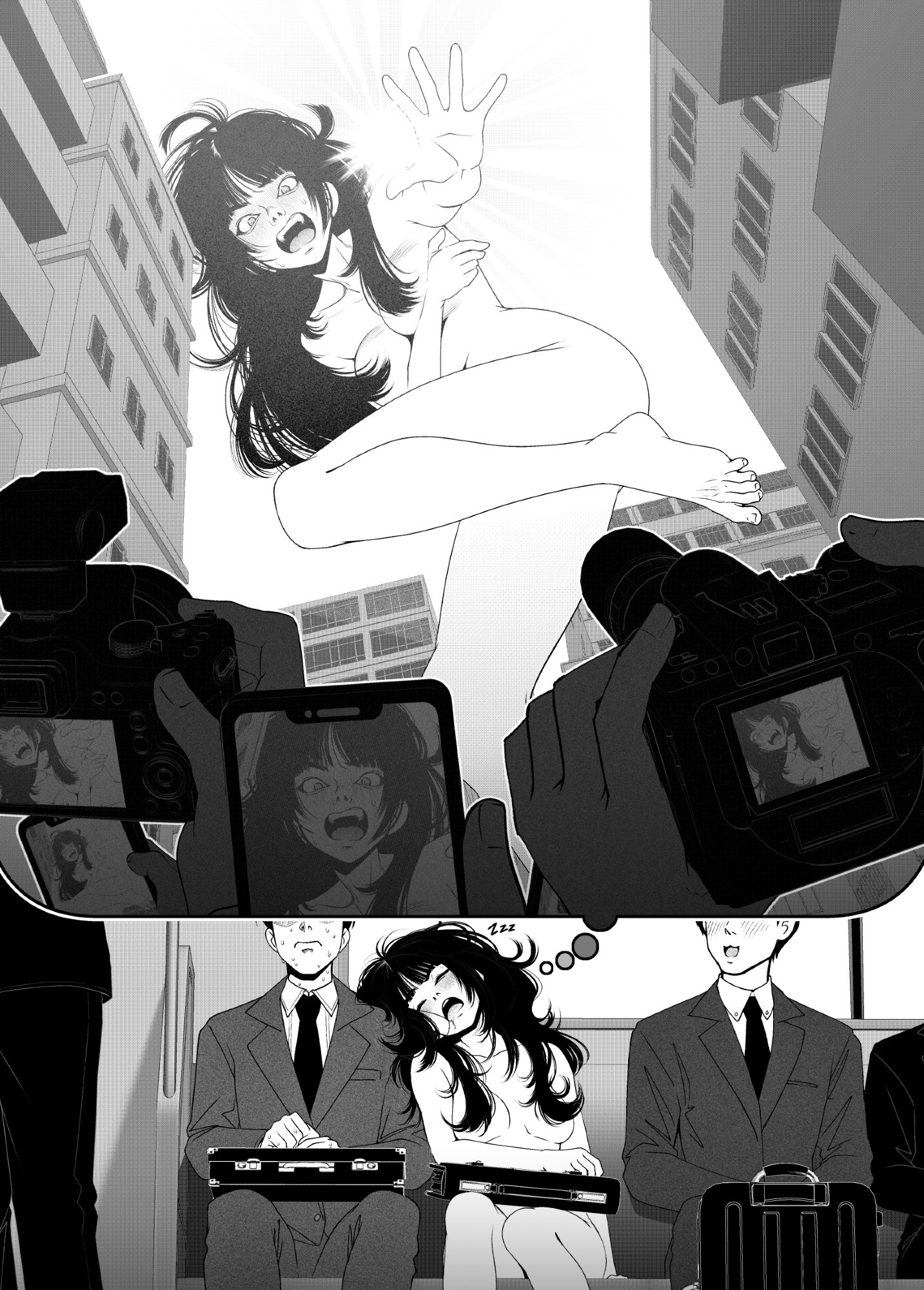 1girls, absolutely nothing on, alternate version at patreon, alternate version at paywall, alternate version at source, asleep, awkward, awkward situation, awkward smile, barefoot, black hair, blush, breasts, briefcase, camera, camera phone, classic enf pose, clothed male, clothed male nude female, completely naked, completely nude, completely nude female, covering, covering breasts, covering self, dream, dream bubble, dreaming, embarrassed, embarrassed male, embarrassed nude female, enf, extreme exposure humiliation, female, giant female, giantess, hair, hair censor, hair covering breasts, hair covering nipples, head on shoulder, kidetic, kusujinn, leaning on another, long hair, male, medium breasts, messy, monochrome, naked, naked female, nervous sweat, nightmare, nipples covered, nude female, one leg up, only one naked, open mouth, outstretched arm, permanent nudity, phone camera, photographic proof, public, public exposure, public nudity, punishment, sentenced to nudity, sitting, sitting down, sleeping, tagme, taking photo, taking picture, thick thighs, train, train interior, transportation, wide eyed