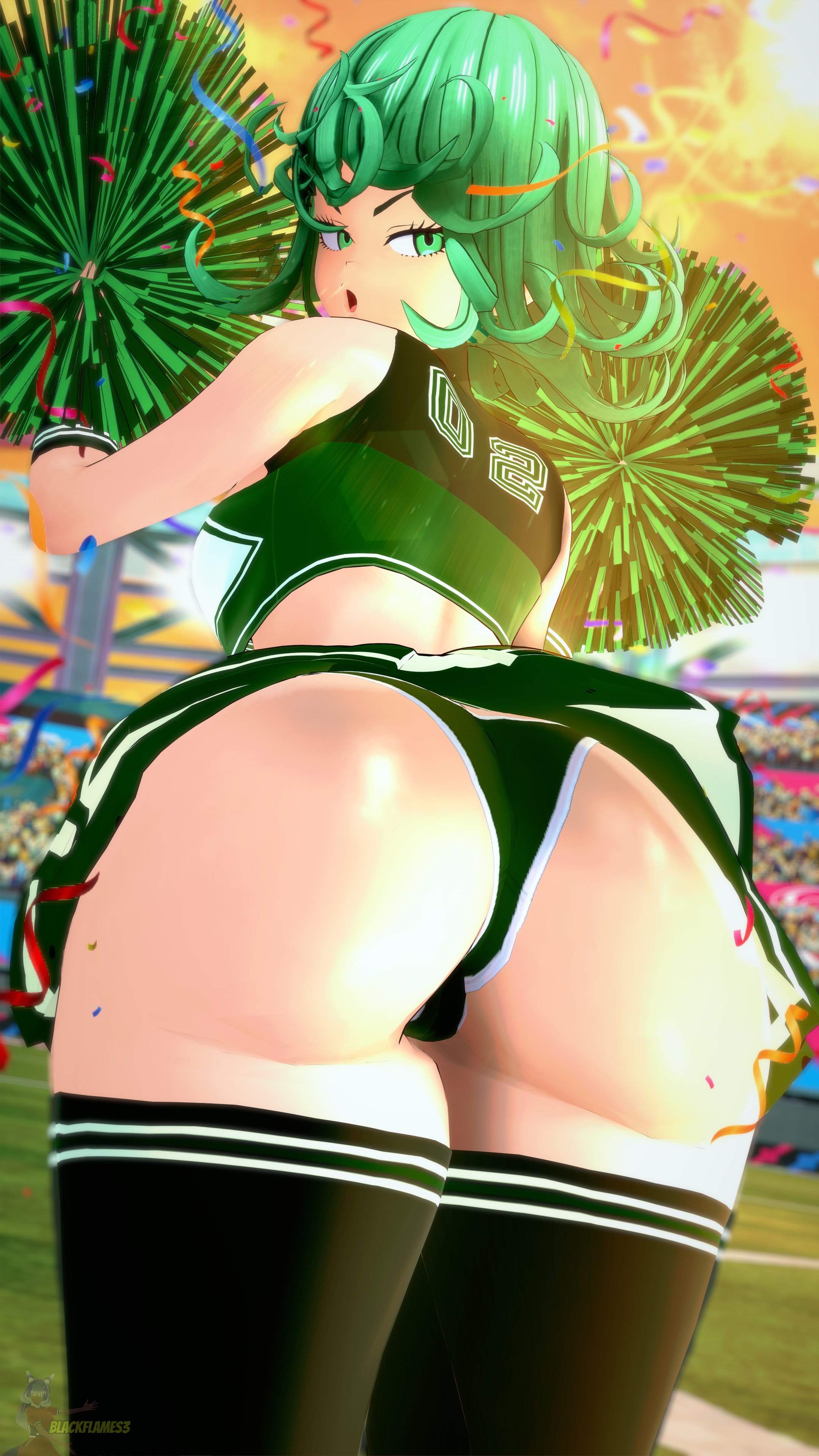 1girls, 3d, ass, ass focus, blackflames3, breasts, cheerleader, cheerleader outfit, cheerleader uniform, female, female focus, female only, green eyes, green hair, large ass, light skin, light-skinned female, looking at viewer, one-punch man, pom poms, short skirt, skirt, solo, tatsumaki, thick thighs, thighhighs, thighs, wide hips