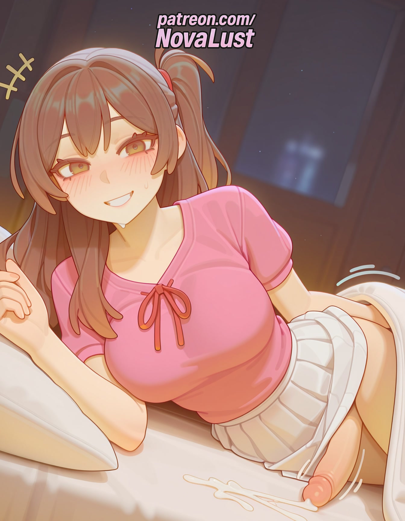 1futa, 2025, ai generated, artist name, balls, big breasts, big chest, blush, breasts, brown hair, bust, busty, chest, cock, cum, dick, ejaculation, erection, eyebrows visible through hair, futanari, hi res, high quality, high resolution, highres, intersex, kanojo okarishimasu, large breasts, long hair, lying, mizuhara chizuru, novalust, one side up, patreon, patreon username, penis, pink shirt, pleated skirt, shirt, skirt, smile, stable diffusion, testicles, uncensored, watermark