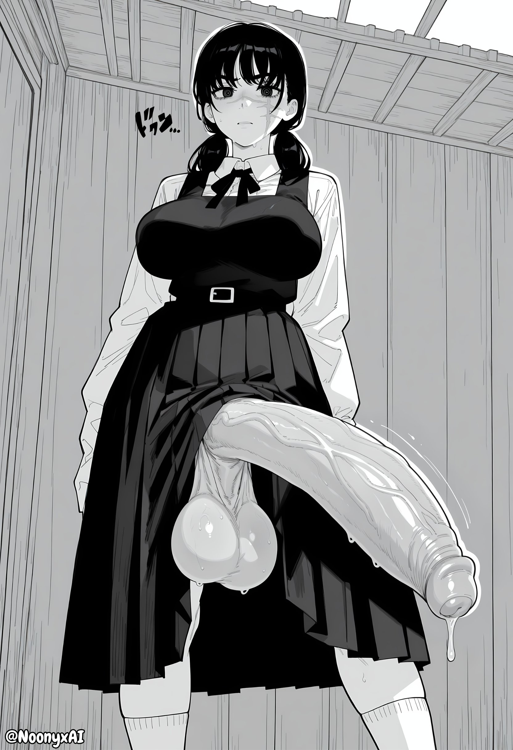 1futa, 2025, ai generated, balls, big balls, big breasts, big penis, black and white, breasts, casual, casual exposure, casual nudity, chainsaw man, foreskin, futa only, futanari, horny, horny futa, huge balls, huge breasts, huge cock, hung futa, hyper balls, hyper penis, intersex, looking at viewer, looking down, mitaka asa, noonyx, partially clothed, penis, precum, precum drip, precum string, scar, scar on face, school uniform, sweat, sweatdrop, sweating, sweaty, sweaty balls, throbbing penis, uncircumcised, uncircumcised futa, uncircumcised penis, uncut, uncut futa, uncut penis, veiny penis