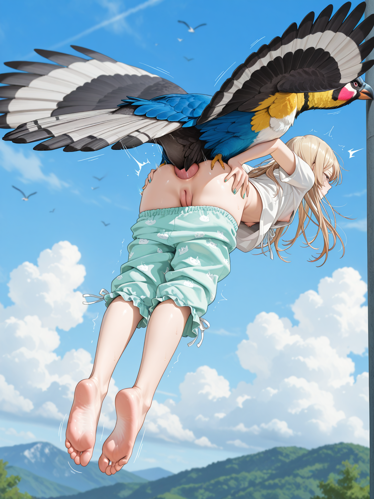 1boy, 1girls, ai generated, anal, anal sex, bird, blonde female, blonde hair, breasts, buggery, clouds, downblouse, exotic species, feet, feet fetish, female, floating, flying, flying sex, from behind, interspecies, interspecies fuck, interspecies sex, landscape, legs together, male, male penetrating female, motion lines, movement lines, nail polish, pajama pants, pajamas, pajamas pull, parrot, questionable consent, sex, sky, small breasts, sodomy, soles, soles female, spreading own ass, zoophilia