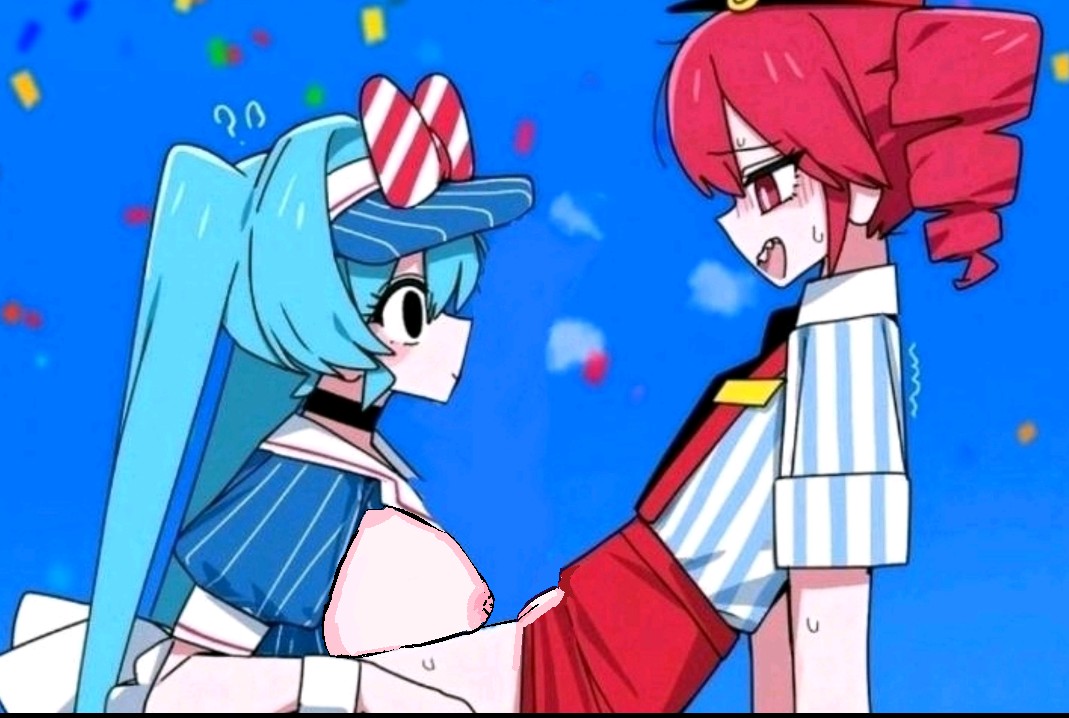 2girls, ai generated, artist request, big breasts, big penis, black eyes, blue background, blue hair, blush, breasts, choker, confetti, drill hair, female, futa, futa with female, futanari, hatsune miku, implied futanari, kasane teto, long hair, male, mesmerizer (vocaloid), multiple girls, nipples, open mouth, penis, red eyes, red hair, sharp teeth, striped, sweat, tagme, tagme (source), teeth, twin drills, twintails, visor cap, vocaloid