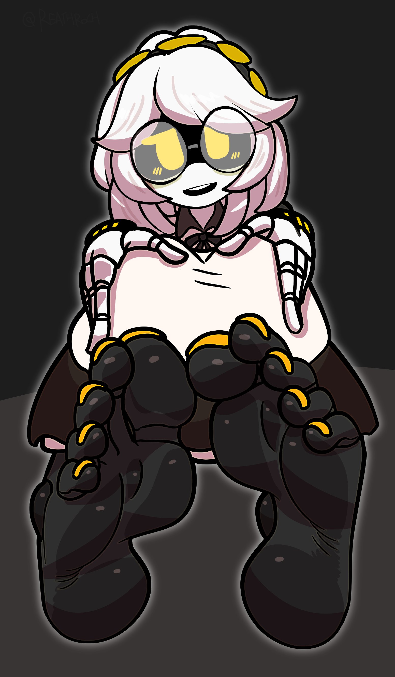 1girls, barefoot, feet, female, female only, foot fetish, foot focus, murder drones, reathroch, robot, robot girl, smile, soles, toes, v (murder drones), white hair, wink, yellow eyes, yellow toenails