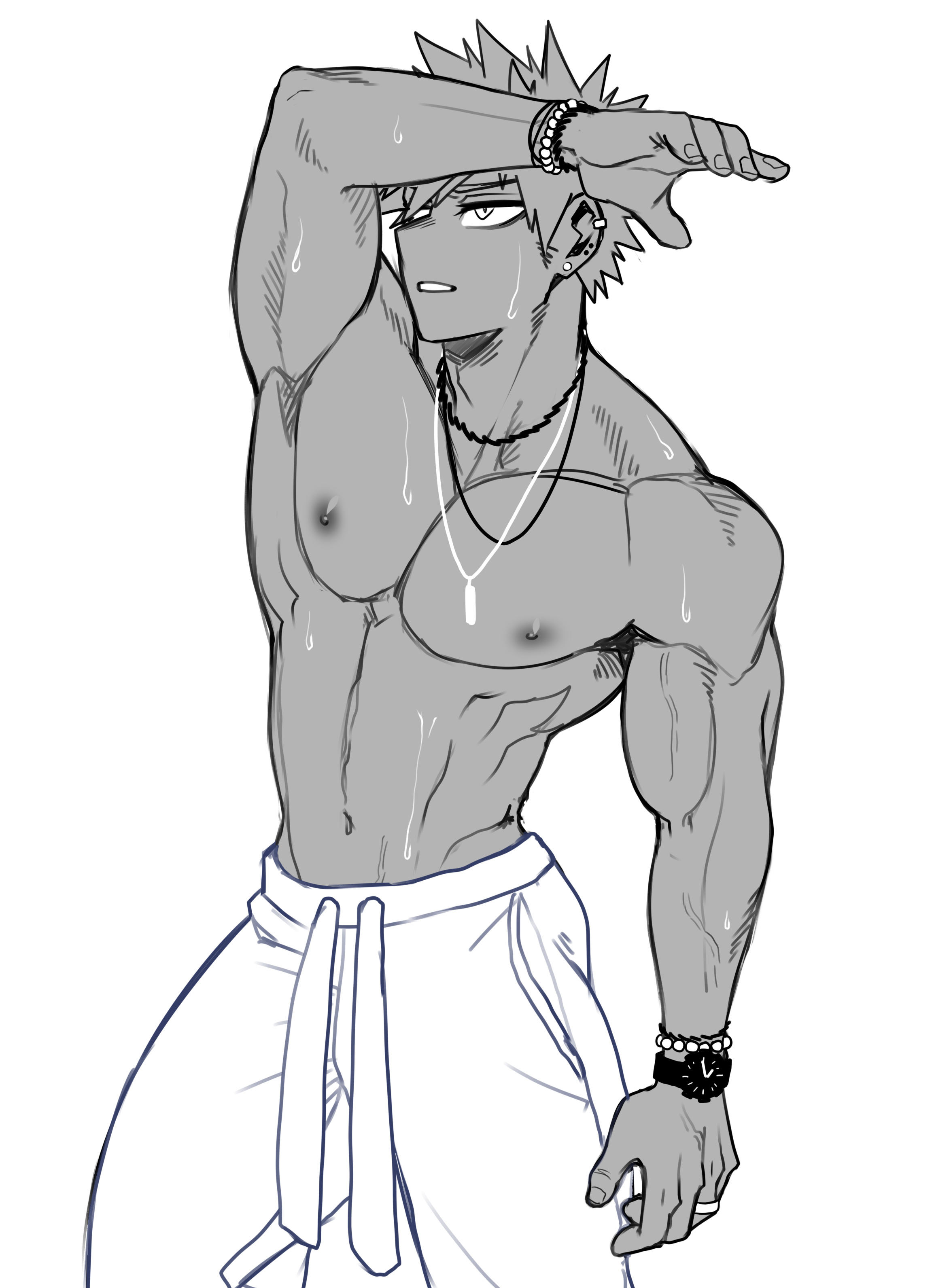 1boy, bakugou katsuki, boku no hero academia, bracelets, ear piercing, katsuki bakugou, male, male focus, male only, muscles, muscular, muscular male, my hero academia, necklace, niverins, pecs, solo focus, solo male, sweat, sweatpants, veiny arms, watch