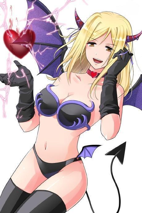 07th_expansion adjusting_hair bare_shoulders bat_wings bikini black_bikini black_gloves black_legwear blonde_hair breasts brown_eyes choker cleavage collarbone demon_girl demon_tail demon_wings dutch_angle electricity female gloves hand_in_hair heart higurashi_no_naku_koro_ni horns long_hair midriff multi_wing naughty_face navel necklace open_mouth pointy_chin ribbon simple_background smile solo standing strapless strapless_bikini strapless_swimsuit swimsuit tail takano_miyo thighhighs tubetop white_background wings yuumare