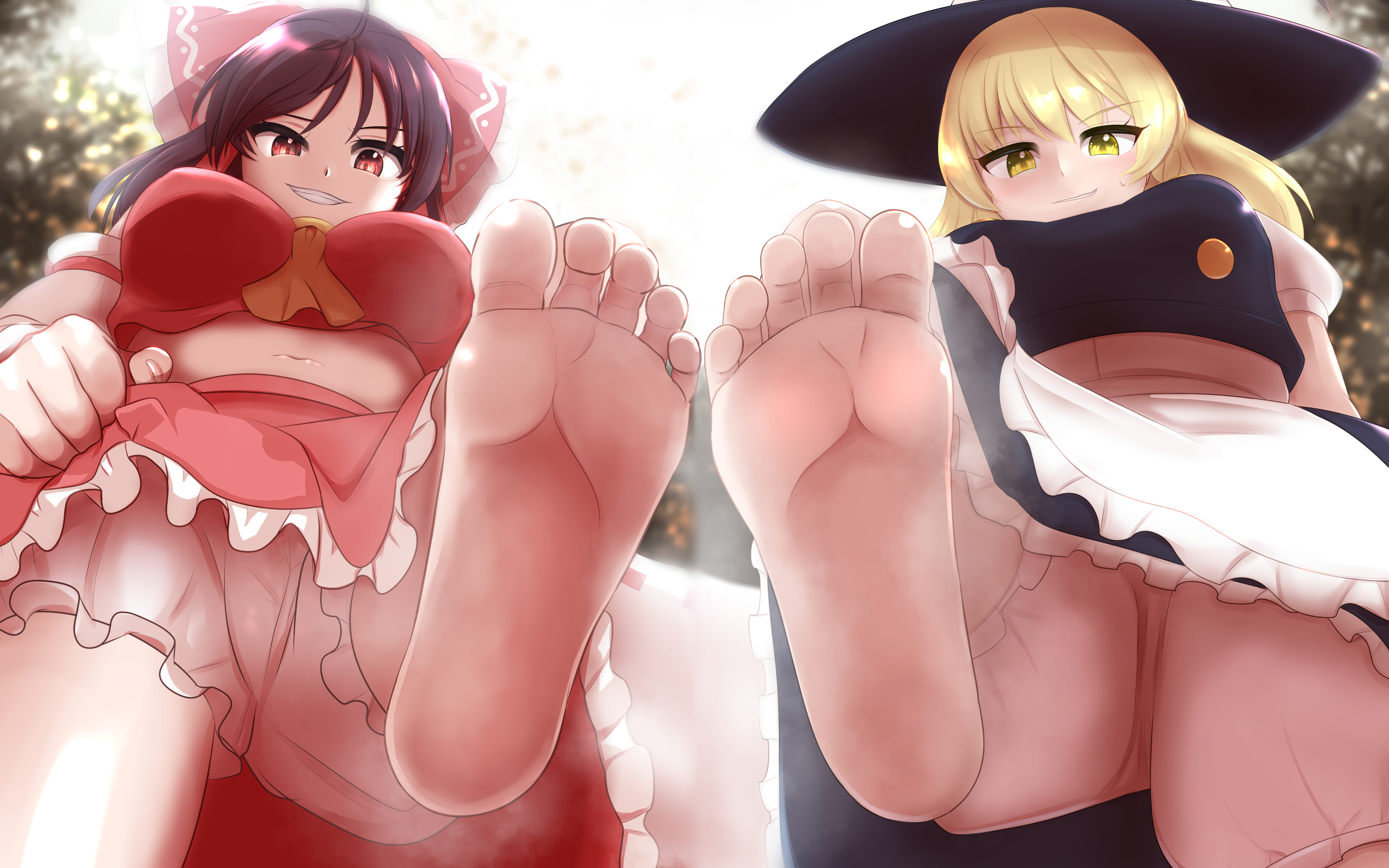 2girls, akabashi yuusuke, bare belly, barefoot, belly, belly button, blush, blush lines, blushing at viewer, blushing female, female, foot fetish, foot focus, marisa kirisame, midriff, musk, musk clouds, musk fetish, musky feet, panties, presenting feet, reimu hakurei, showing panties, smile, smiling, smiling at viewer, smug, smug expression, smug eyes, smug face, smug grin, smug smile, standing, standing over viewer, stepping on viewer, tagme, touhou, touhou project