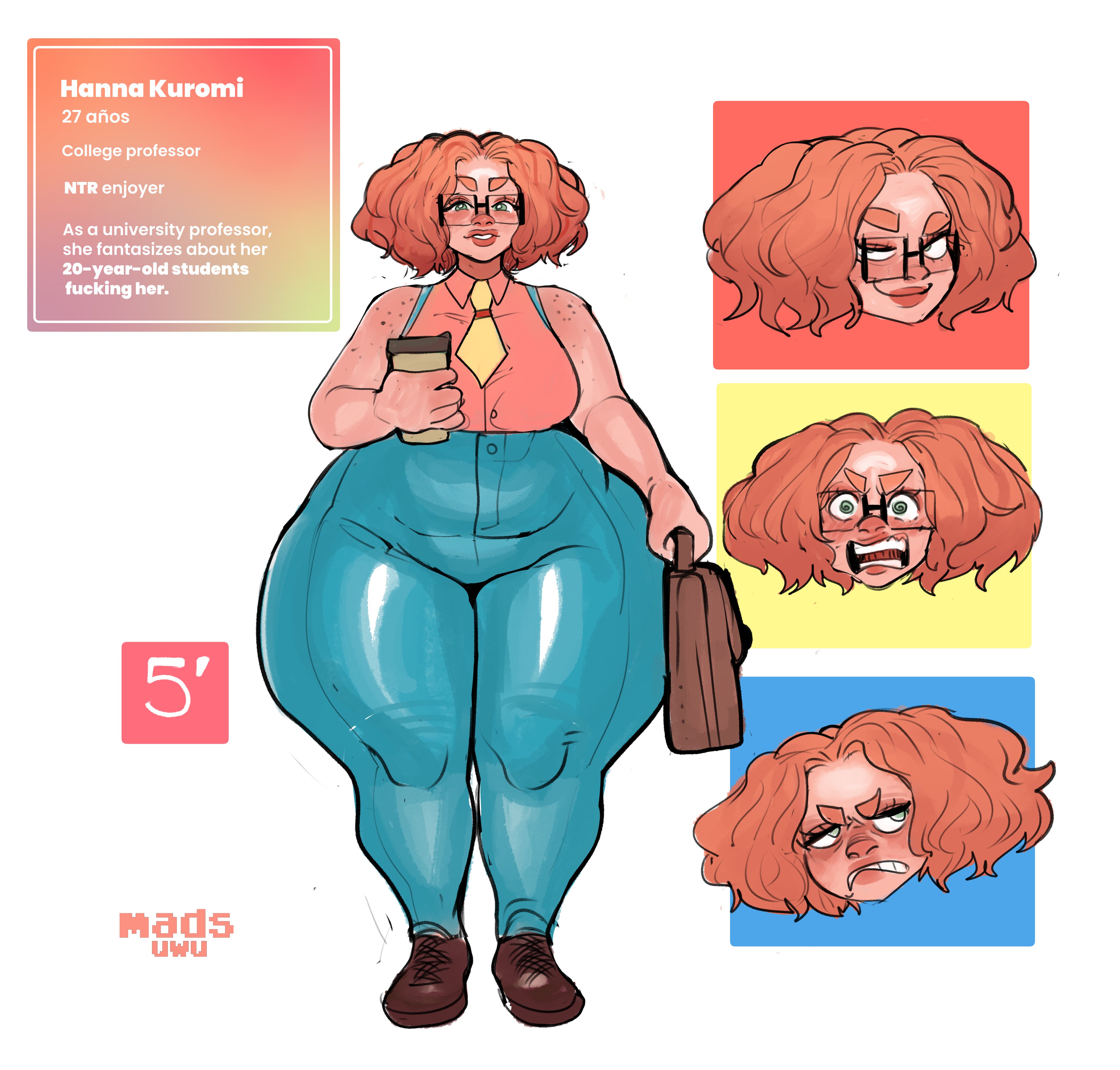 1girls, absurd res, character sheet, english text, female, female only, freckles on shoulders, full body, glasses, green eyes, huge thighs, hyper thighs, madsuwu, misahero99, orange hair, original, original character, solo, text, thick eyebrows, wide hips