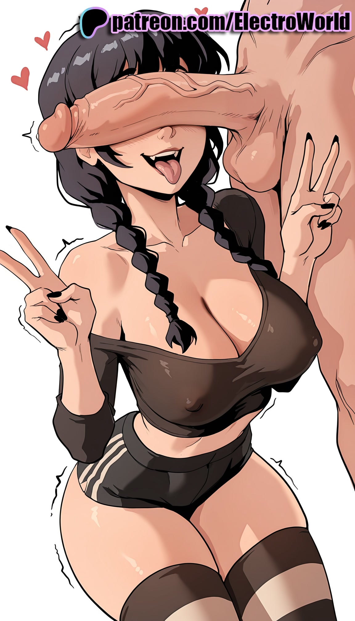 1boy, 1girls, 2025, ai generated, artist name, balls, big breasts, big chest, black nails, blue nails, braid, breasts, bust, busty, chest, cleavage, clothed female nude male, cock, covered nipples, dick, electroworld, erection, female, fingernails, head out of frame, heart, hi res, high quality, high resolution, highres, large balls, large breasts, large penis, large testicles, licking, male, nail polish, patreon, patreon username, penis, penis awe, penis on face, precum, purple nails, red nails, stable diffusion, straight, striped legwear, testicles, the addams family, thick thighs, thighhighs, tongue, tongue out, trembling, twitching penis, uncensored, v, veins, veiny penis, w, watermark, wednesday (netflix), wednesday addams