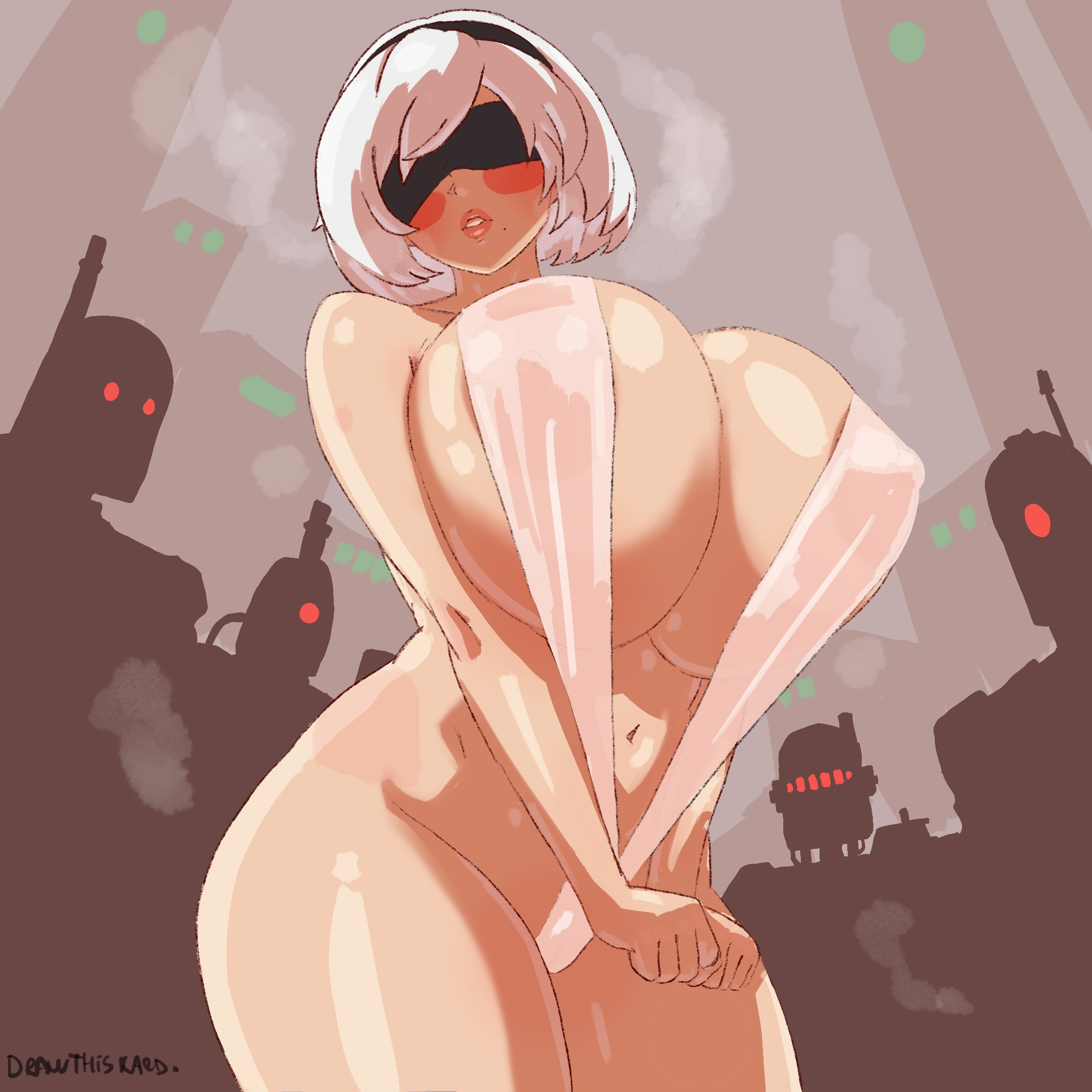 1girls, alternate breast size, big breasts, blindfold, breasts, drawthiskard, embarrassed, female, female only, hairband, huge breasts, light skin, light-skinned female, looking at viewer, nier, nier: automata, short hair, sling bikini, slingshot swimsuit, solo, surrounded, thick thighs, white bikini, white hair, white sling bikini, yorha 2b
