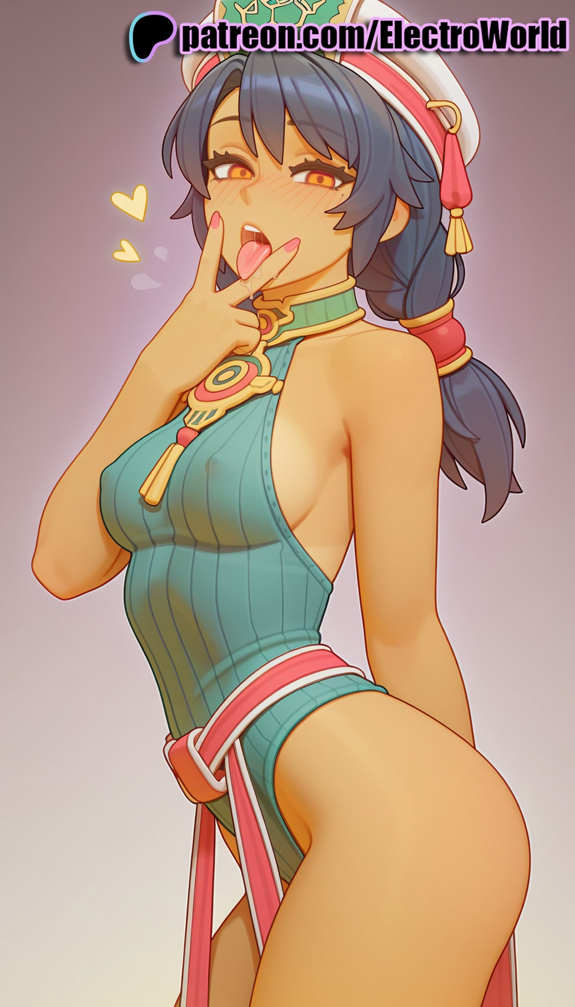 1girls, 2025, ai generated, artist name, average breasts, black hair, breasts, bust, chest, dark skin, electroworld, female, gradient, gradient background, hat, heart, hi res, high quality, high resolution, highres, medium breasts, nail polish, namco, normal breasts, patreon, patreon username, solo, soul calibur, stable diffusion, talim (soulcalibur), tongue, tongue out, watermark