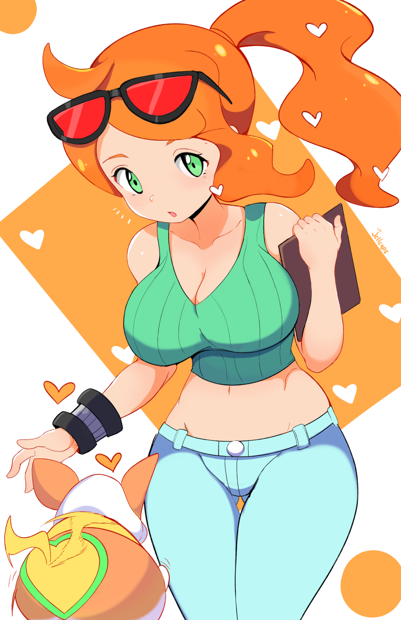 bare shoulders, big breasts, blush, breasts, cleavage, collarbone, commentary, crop top, cute, english commentary, eyewear on head, female, game freak, green eyes, hair ornament, heart, heart hair ornament, highres, jellcaps, large breasts, leaning forward, long hair, long sleeves, looking at viewer, midriff, navel, nintendo, orange hair, pants, parted lips, pokemon, pokemon (creature), pokemon ss, pokemon swsh, side ponytail, sonia (pokemon), sunglasses, tail, tail wagging, wholesome, yamper
