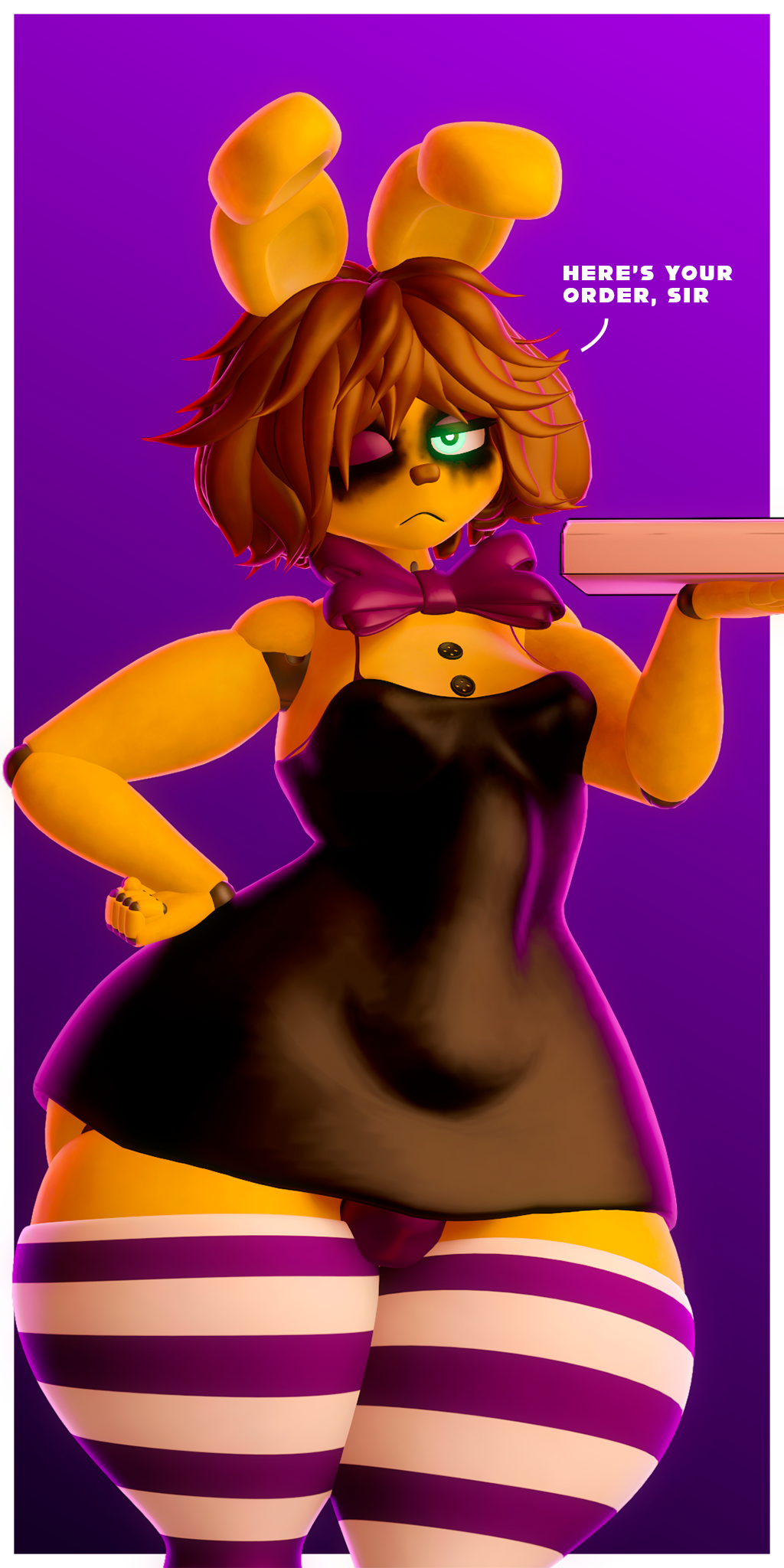 1boy, 3d, 3d (artwork), black dress, bowtie, breasts, brown hair, buttons, chocker, clothed, clothed male, dress, dressed, femboy, femboy focus, femboy only, five nights at freddy's, frown, frowning, frowning at viewer, glowing eyes, green eyes, hair, hand on hip, hi res, high resolution, highres, looking at viewer, makeup, makeup running, male, male focus, male only, mishuyuu, mishuyuu (modeler), panties, panties bulge, pizza box, poster, purple background, purple bowtie, purple eyelids, purple panties, rabbit, rabbit boy, rabbit ears, reaper21cry, robot, robot boy, robot humanoid, robot joints, solo, solo focus, solo male, source filmmaker, source filmmaker (artwork), spring bonnie, spring bonnie (fnaf), spring bonnie (mishuyuu), standing, stockings, striped stockings, talking to viewer, thick, thick thighs, title, voluptuous, voluptuous male, wide hips, wink, winking, winking at viewer, yellow body