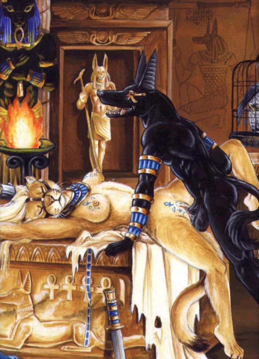 anthro anubis armband collar egyptian_mythology female fire gold hieroglyphics indoors jackal lion lioness male muscles muscular muzzle_(object) mythology sekhmet sex shackles side_view statue straight sword tagme tail tongue_out wrist_cuffs