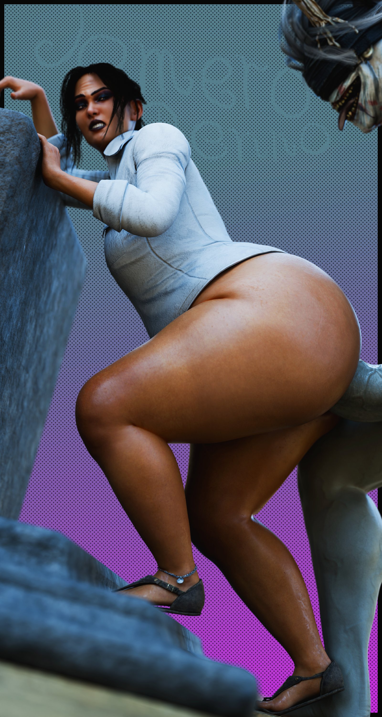 1boy, 1girls, 2025, 3d, ass, big ass, bottomless, dbd, dead by daylight, erect penis, erection, female, female penetrated, from behind, huge ass, jane romero, jomero benno, male, male on female, male penetrating, male penetrating female, monster, oni, penetration, penis, sex, size difference