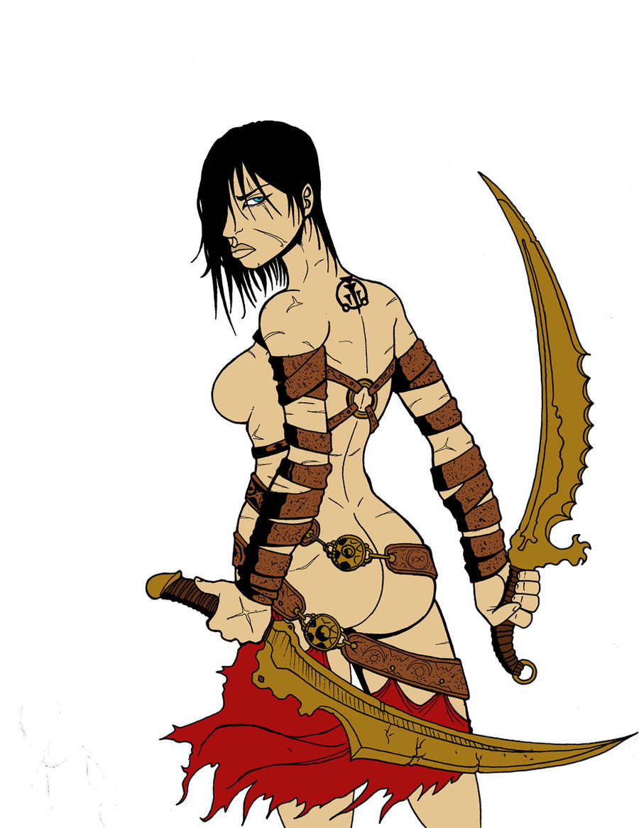 1girls artist_request ass back bare_shoulders big_lips black_hair blue_eyes breasts color colored dark_hair dat_ass dual_wielding female female_only hair hair_over_one_eye holding holding_sword human large_breasts lips long_hair looking_back prince_of_persia round_ears rule_63 scar sideboob solo standing sword tattoo the_prince_(prince_of_persia) topless underhand_grip weapon white_background