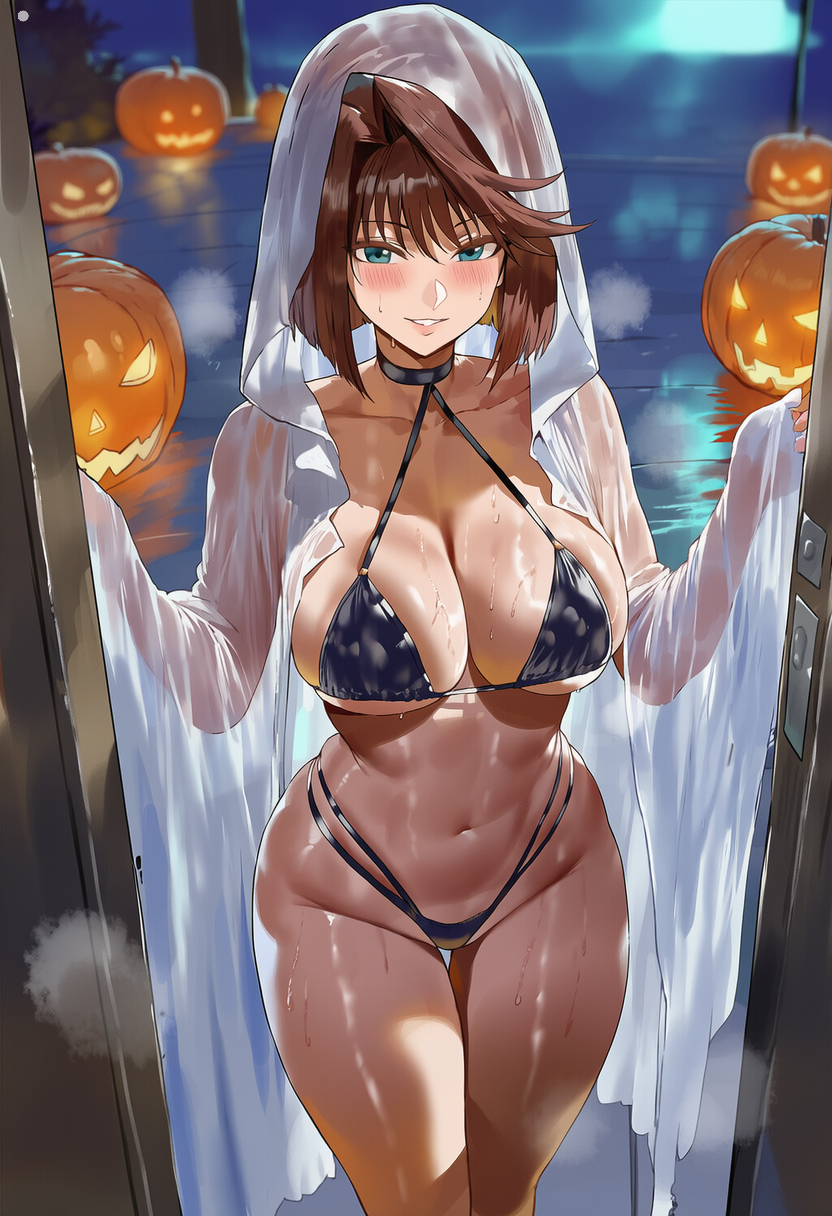1girls, ai generated, anzu mazaki, bikini, blue eyes, blush, brown hair, female, female only, ghost costume, halloween, hi res, hyliop, looking at viewer, mazaki anzu, navel, seductive smile, short hair, smile, solo, sweatdrop, swimsuit, tea gardner, tea gardner (yu-gi-oh! the dark side of dimensions), thick thighs, thighs, voluptuous, yu-gi-oh!, yu-gi-oh! duel monsters, yu-gi-oh! the dark side of dimensions
