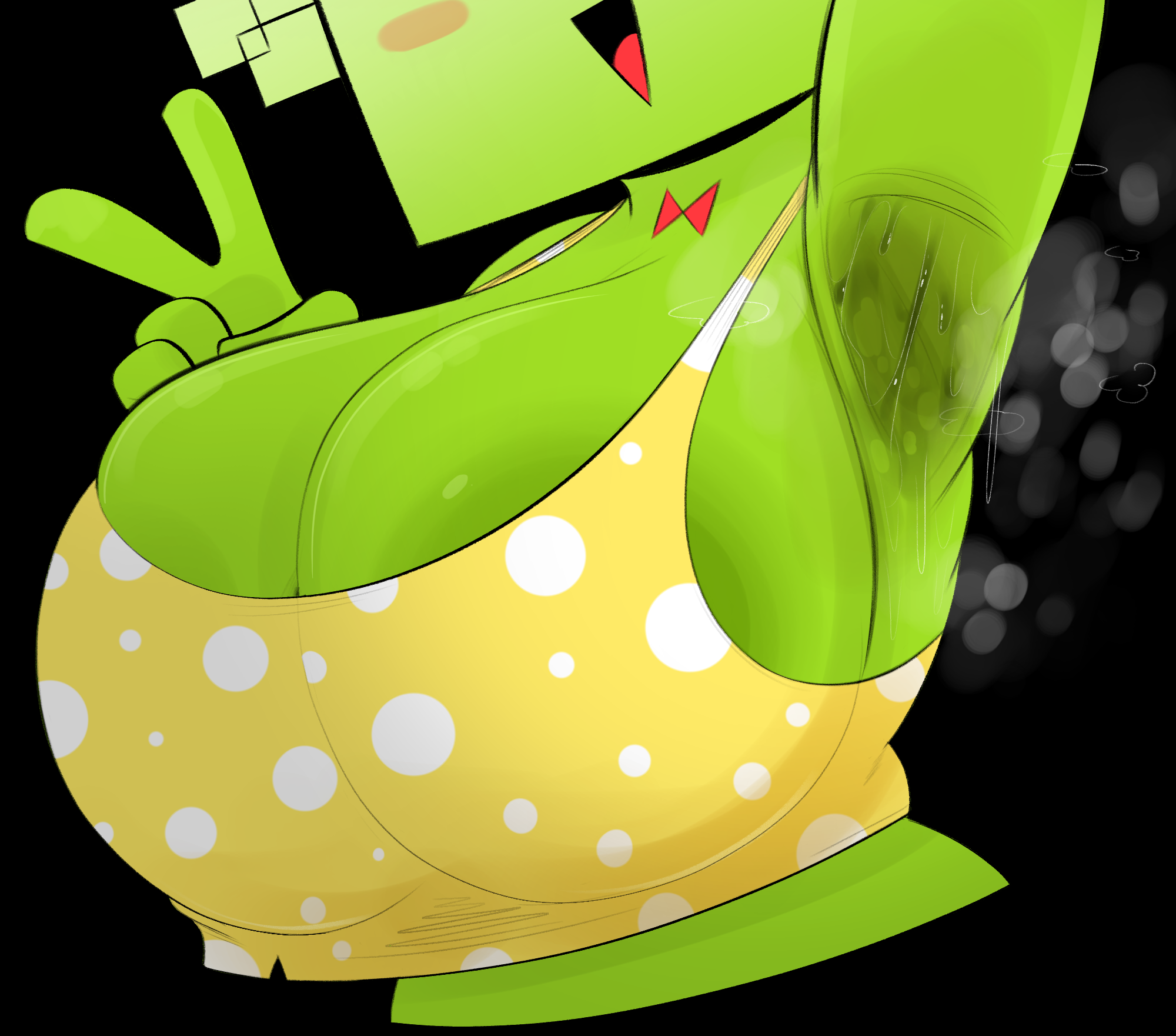 1girls, 2d, areola slip, armpit fetish, armpits, big areola, big breasts, breasts, croptop, female, green areola, green body, green skin, highres, mario (series), mimi (super paper mario), nintendo, open mouth, open smile, ota (artist), paper mario, polka dot, red tongue, smile, solo, super paper mario, sweat, sweatdrop, sweaty armpits