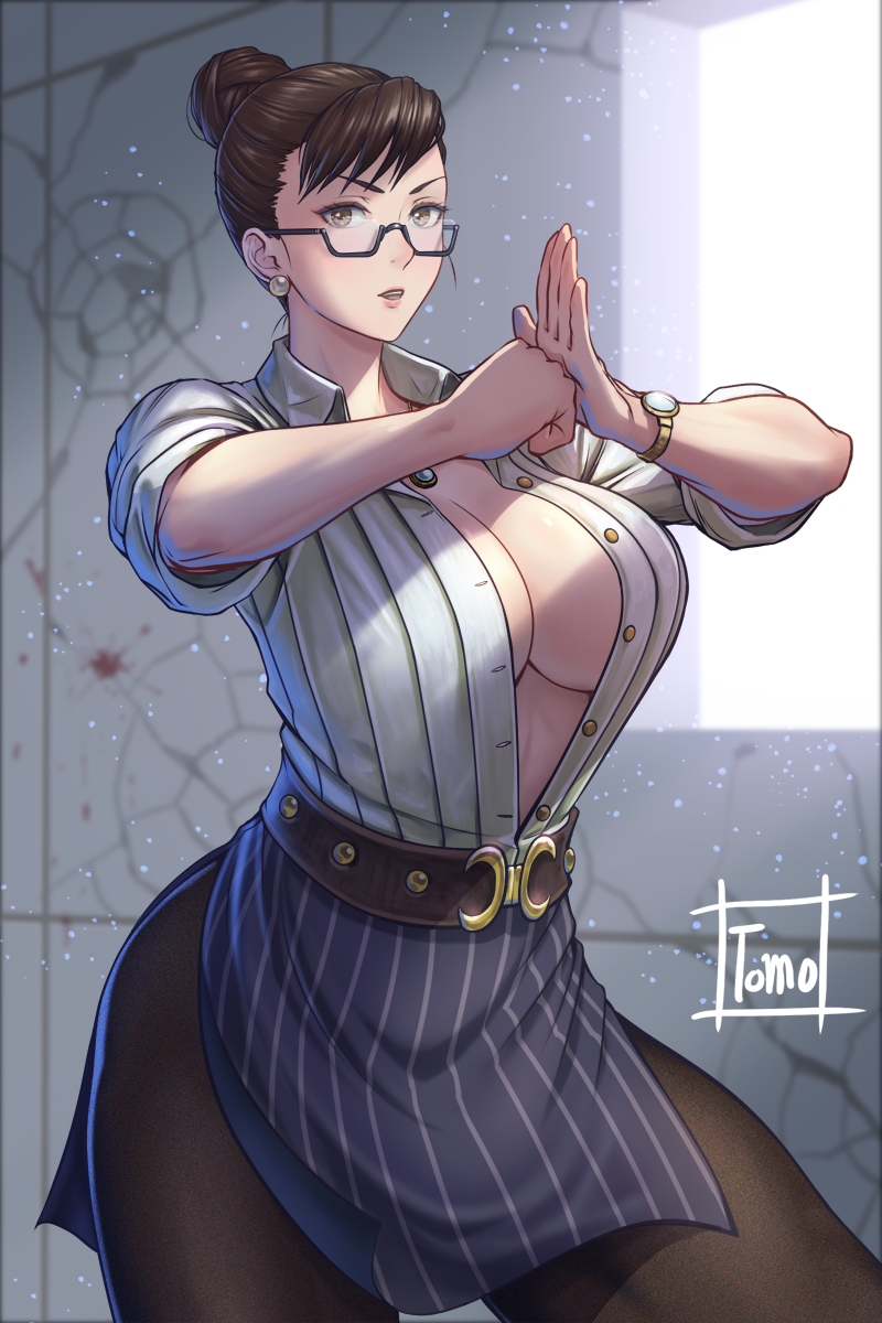 artist name, belt, breasts, brown eyes, brown hair, capcom, chun-li, cleavage, clenched hand, crack, cracked wall, earrings, female, glasses, hair bun, highres, jewelry, large breasts, miniskirt, necklace, office lady, palm-fist greeting, pantyhose, semi-rimless eyewear, shirt tucked in, skirt, sleeves rolled up, solo, street fighter, striped clothes, striped skirt, tomo eokaiteru, unbuttoned, watch, window