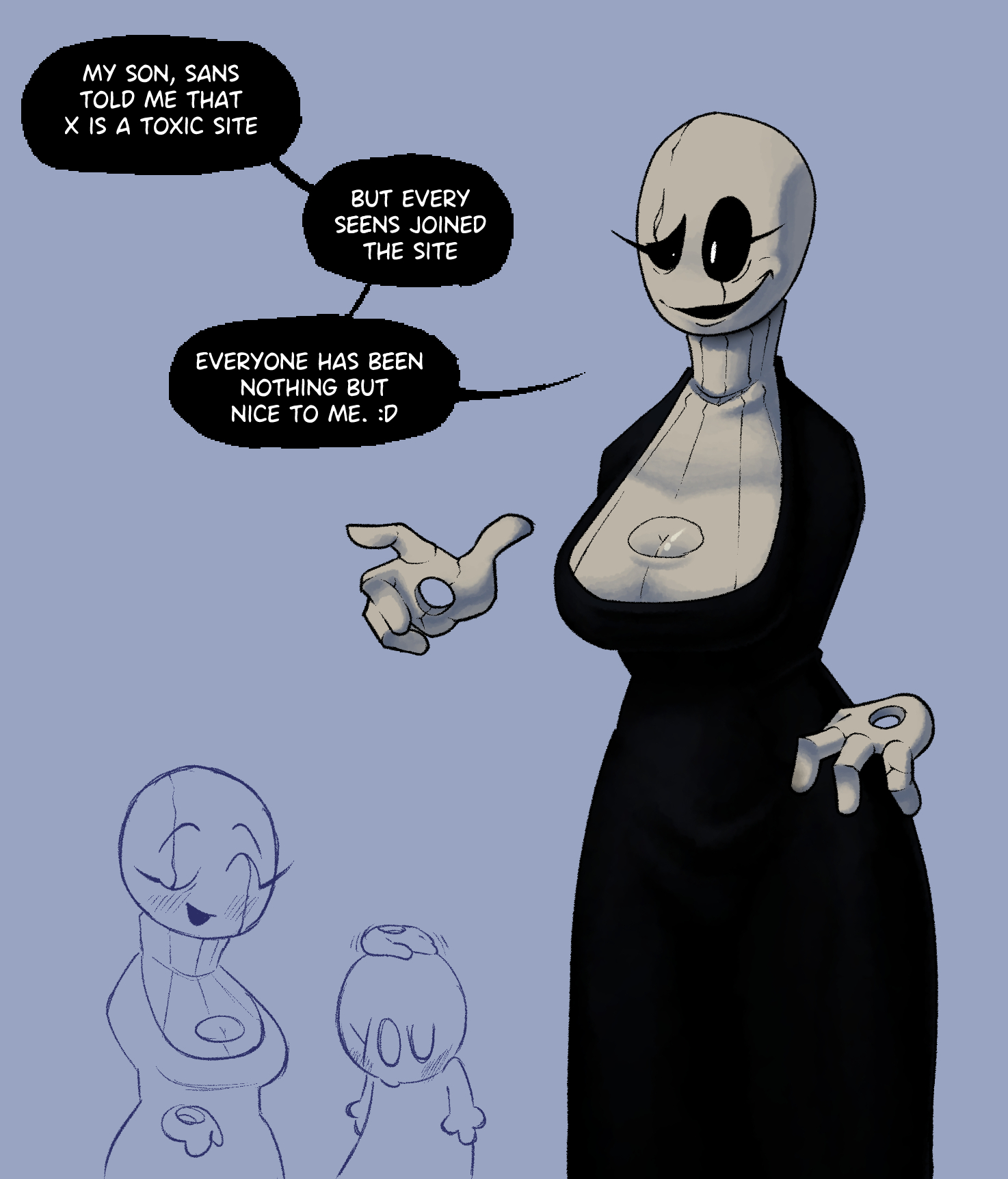 2d, 2d (artwork), black dress, breasts, cleavage cutout, cutout shirt, cutout sweater, dialogue, fem gaster, female, floating hands, gaster, grey sweater, mr.alf, rule 63, speech, speech bubble, speech bubbles, tagme, turtleneck, turtleneck sweater, undertale, undertale (series), you