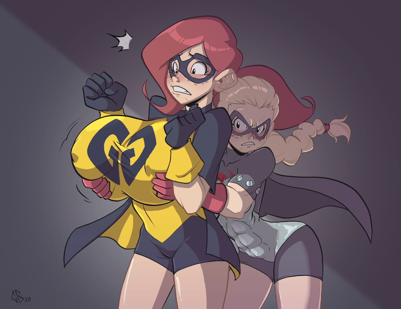 2020, 2girls, abs, angry, ass, audrey page, big breasts, black eyes, blonde hair, blush, blushing, bodysuit, braid, breast grab, breast size difference, breast squish, breasts, breasts bigger than head, busty, cape, clenched teeth, clothed, clothed female, clothing, duo, embarrassed, female, female only, female/female, freckles, freckles on face, front view, fully clothed, gewd-boi, gloves, golden girl, grabbing, grabbing another's breast, grabbing breasts, grabbing from behind, hair, handwear, huge breasts, human, human only, iron girl, katya stranista, large breasts, leaning forward, light skin, light-skinned female, long hair, mask, multiple girls, nipple bulge, parted bangs, ponytail, red hair, redhead, signature, simple background, skin tight, small breasts, standing, surprised, teeth, the developing adventures of golden girl, thighs, yuri