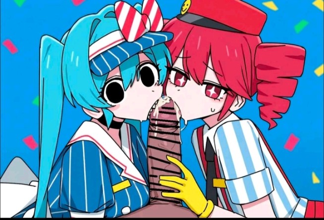 + +, 1boy, 2girls, ai generated, aqua hair, artist request, bar censor, big breasts, big penis, blue background, blue hair, blue shirt, blush, breasts, censored, confetti, cooperative fellatio, cum, cum in mouth, dark skin, drill hair, fellatio, female, ffm threesome, gloves, group sex, hat, hatsune miku, hetero, interracial, kasane teto, licking, licking penis, long hair, looking at viewer, male, mesmerizer (vocaloid), multiple girls, necktie, oral, penis, red eyes, red hair, red headwear, saliva, shirt, short sleeves, striped, tagme, threesome, tongue, tongue out, twin drills, twintails, vertical stripes, visor cap, vocaloid
