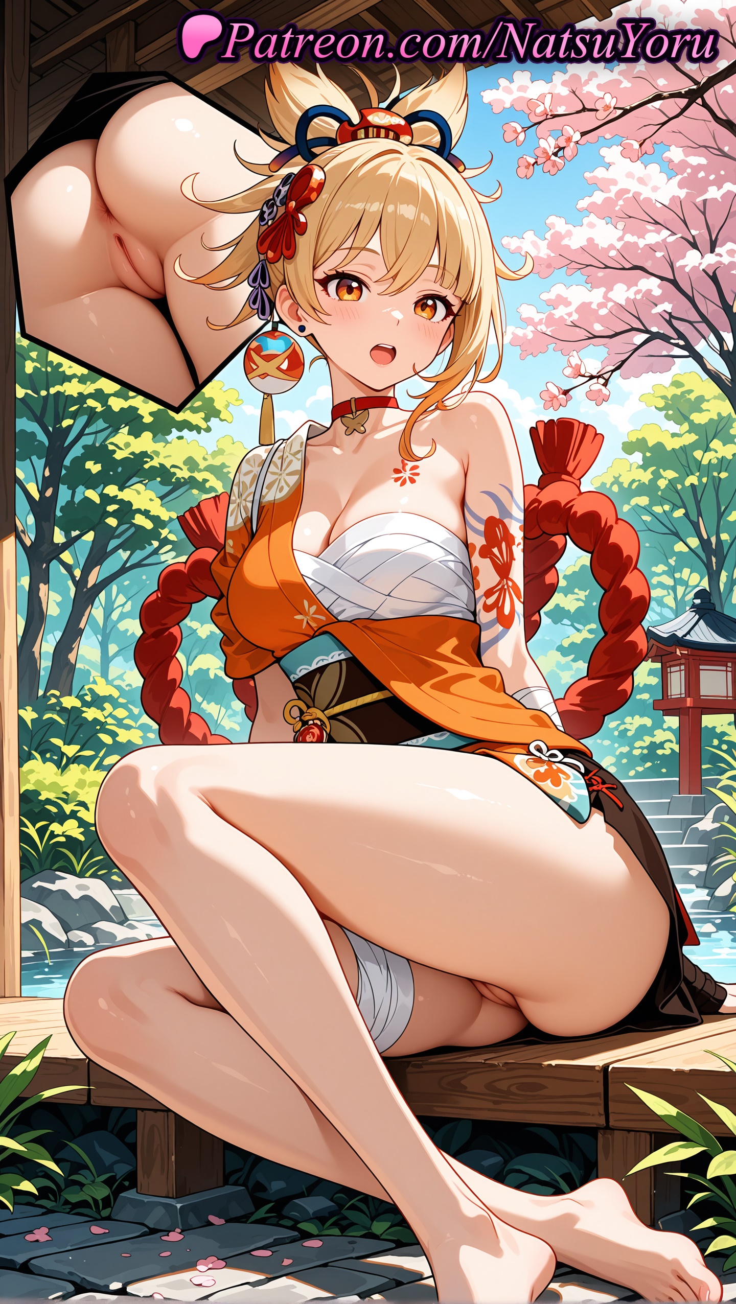 1girls, 2025, ai generated, anus, arm tattoo, ass, bandages, barefoot, blonde hair, breasts, chest sarashi, choker, cleavage, feet, female, flower tattoo, genshin impact, hair ornament, hi res, highres, hoyoverse, japanese clothes, kimono, large breasts, legs, lipstick, looking at viewer, mihoyo, mihoyo technology (shanghai) co. ltd., natsuyoru, no panties, open mouth, orange eyes, orange kimono, oshiri, outdoors, patreon, pussy, red choker, sarashi, sitting, tattoo, thighs, toes, uncensored, vagina, voluptuous, voluptuous female, yoimiya (genshin impact)