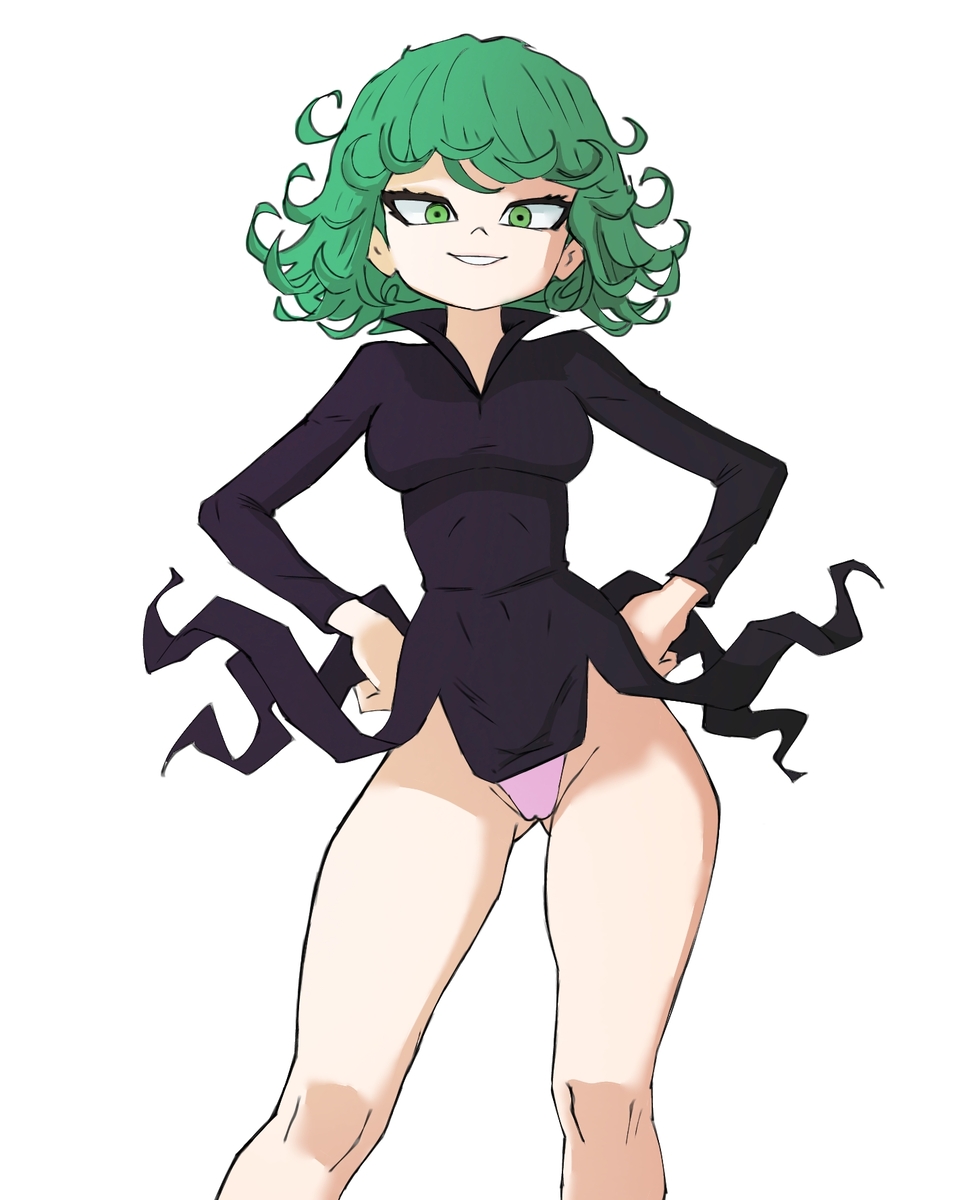1girls, big breasts, breasts, breekn, dress, female, female only, green eyes, one-punch man, panties, perspective from below, pov, pussy, smile, solo, tatsumaki