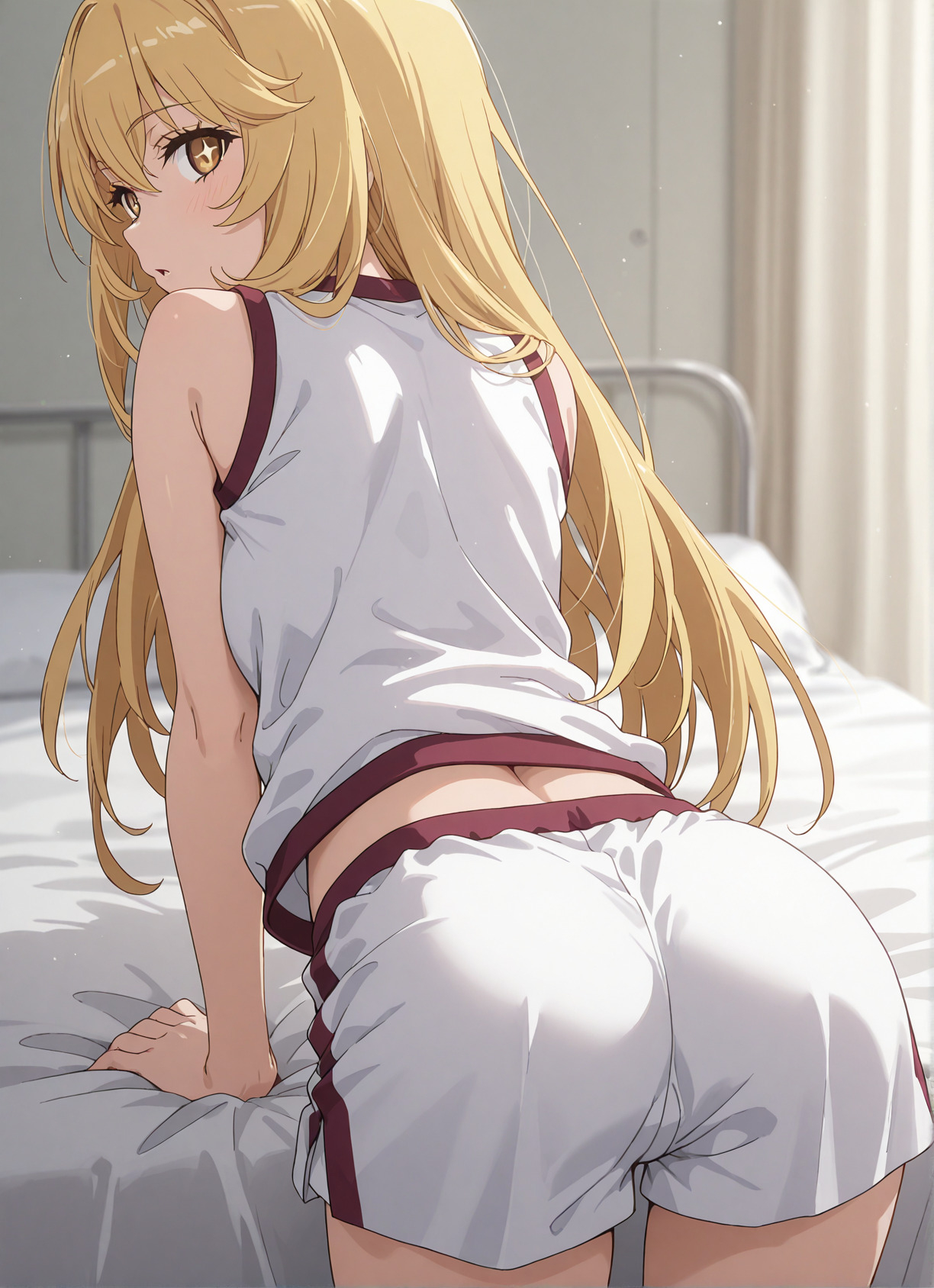 + +, 1girls, 2020s, 2025, against bed, ai generated, all fours, ass, ass focus, bare shoulders, bare thighs, bed, blonde hair, female, from behind, gym uniform, hair, hi res, indoors, looking at viewer, looking back, matching hair/eyes, parted lips, presenting, presenting ass, schoolgirl, shokuhou misaki, shorts, sleeveless, solo, standing, star-shaped pupils, teenage female, teenager, thighs, to aru kagaku no mental out, to aru kagaku no railgun, to aru majutsu no index, tokiwadai school gym uniform, unusual pupils, very long hair, yellow eyes, young, young female