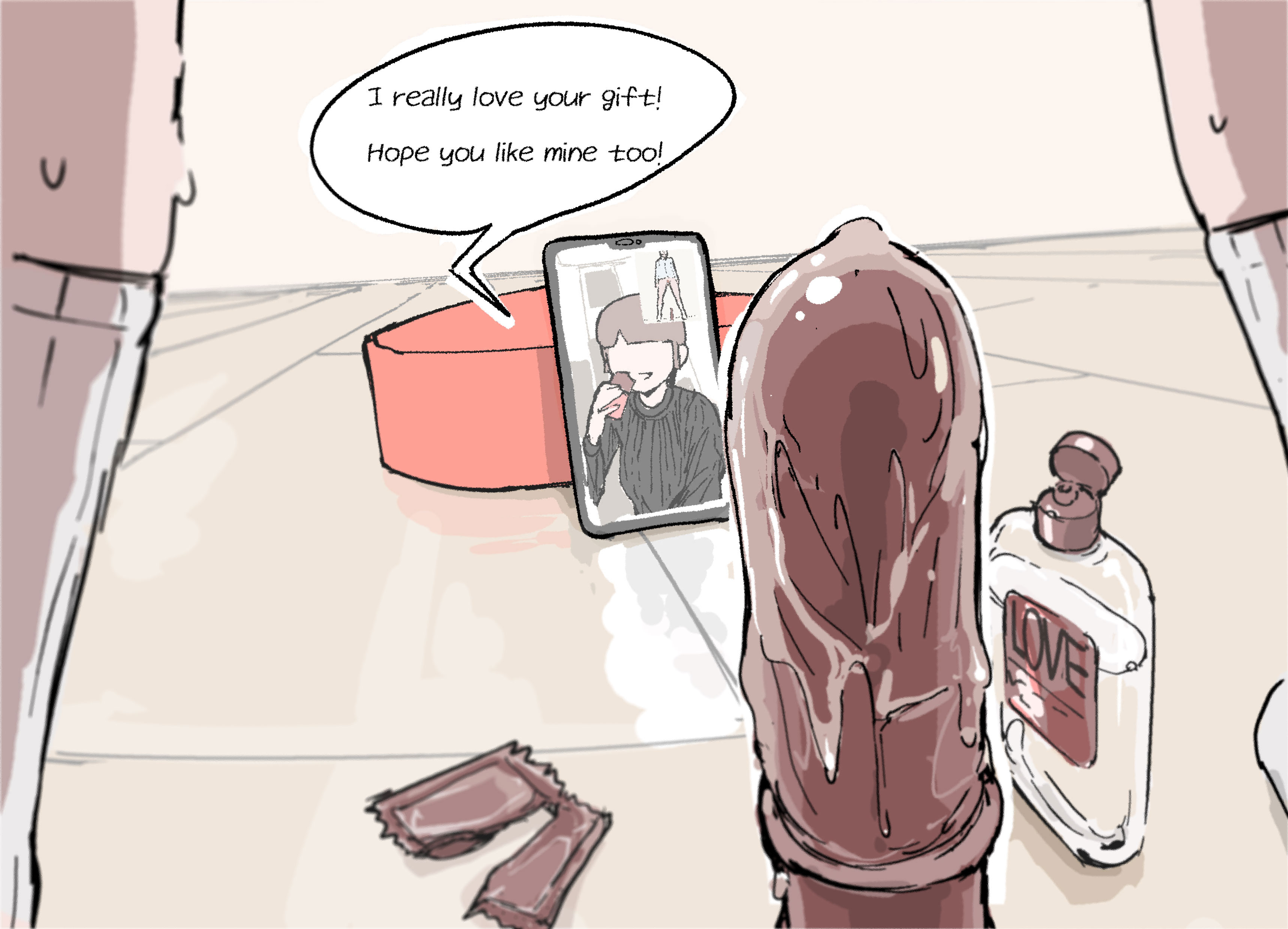 1boy, 1girls, brown dildo, comic, dildo, english text, female, femdom, gift, hi res, hogu (pizzlet), image set, legs apart, light skin, light-skinned female, light-skinned male, lube, lube bottle, male, malesub, miyo (pizzlet), original, original character, partially clothed, partially clothed male, phone, pizzlet, sex toy, socks, valentine's day, video call