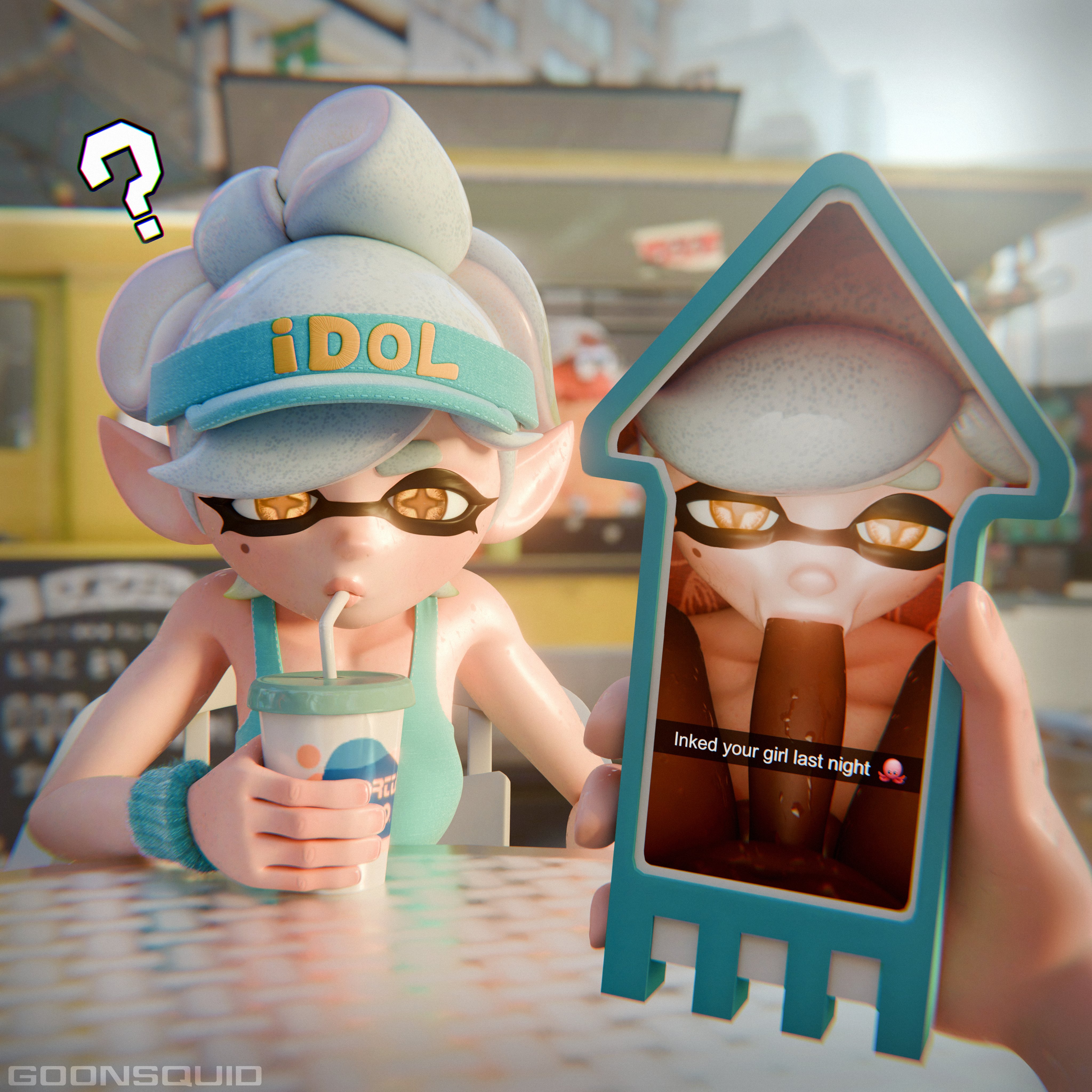 1girls, 3d, blowjob, cellphone, cheating, cuckold, dark-skinned male, fellatio, female, goonsquid, interracial, looking at viewer, male, marie (splatoon), marie (wo262), netorare, ntr, oral, phone, photo, question mark, splatoon, splatoon (series), wo262 (3d model style)