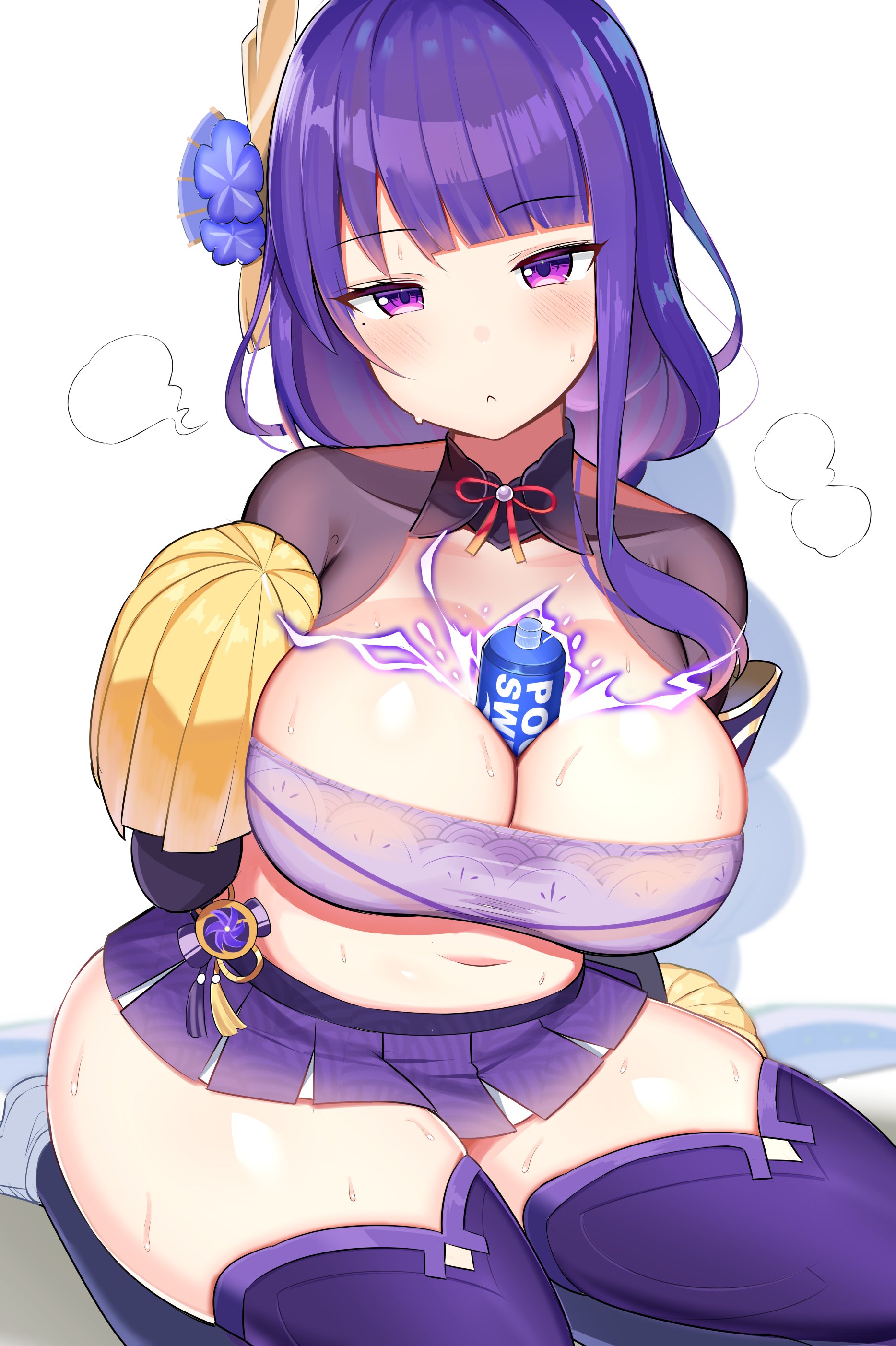 1girls, 2022, belly button, braided hair, breasts, cheerleader, cheerleader uniform, cleavage, female, female only, genshin impact, hair ornament, hi res, huge breasts, jakko, long hair, midriff, object between breasts, pom poms, purple eyes, purple hair, raiden shogun, short skirt, simple background, sitting, skirt, slightly chubby, sweat, sweaty body, thick thighs, thighhighs, thighs, very long hair, water bottle, white background