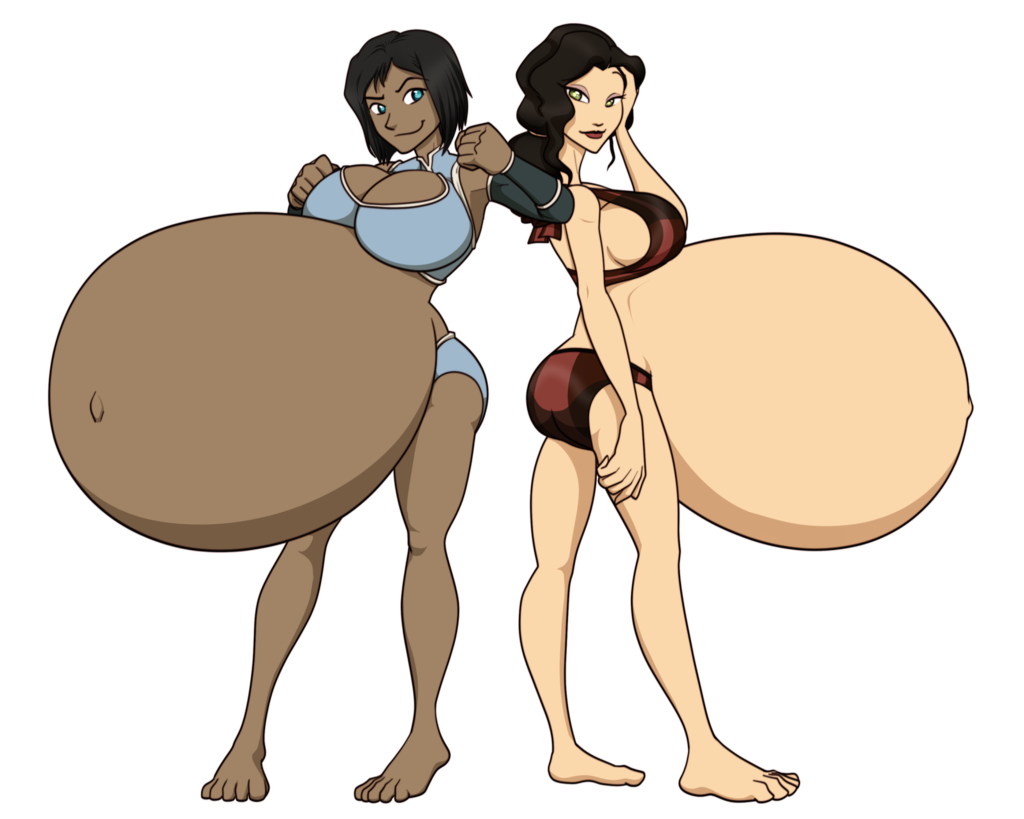 2girls asami_sato ass avatar_legends belly big_belly big_breasts black_hair blue_eyes bra breasts dark-skinned_female dark_skin female green_eyes huge_belly hyper_belly korra large_breasts light-skinned_female panties pregnant riddleaugust the_avatar the_legend_of_korra underwear water_tribe