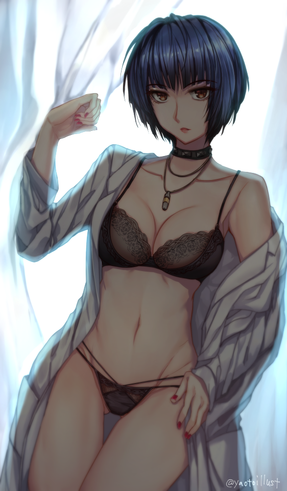 1girls, alternate lighting, atlus, blue hair, bottomwear, breasts, brown eyes, choker, eyebrows, eyebrows visible through hair, female, female only, goth, labcoat, lingerie, looking at viewer, mature female, nails, necklace, persona, persona 5, pink nails, short hair, solo, solo female, studded choker, tae takemi, topwear, yaoto